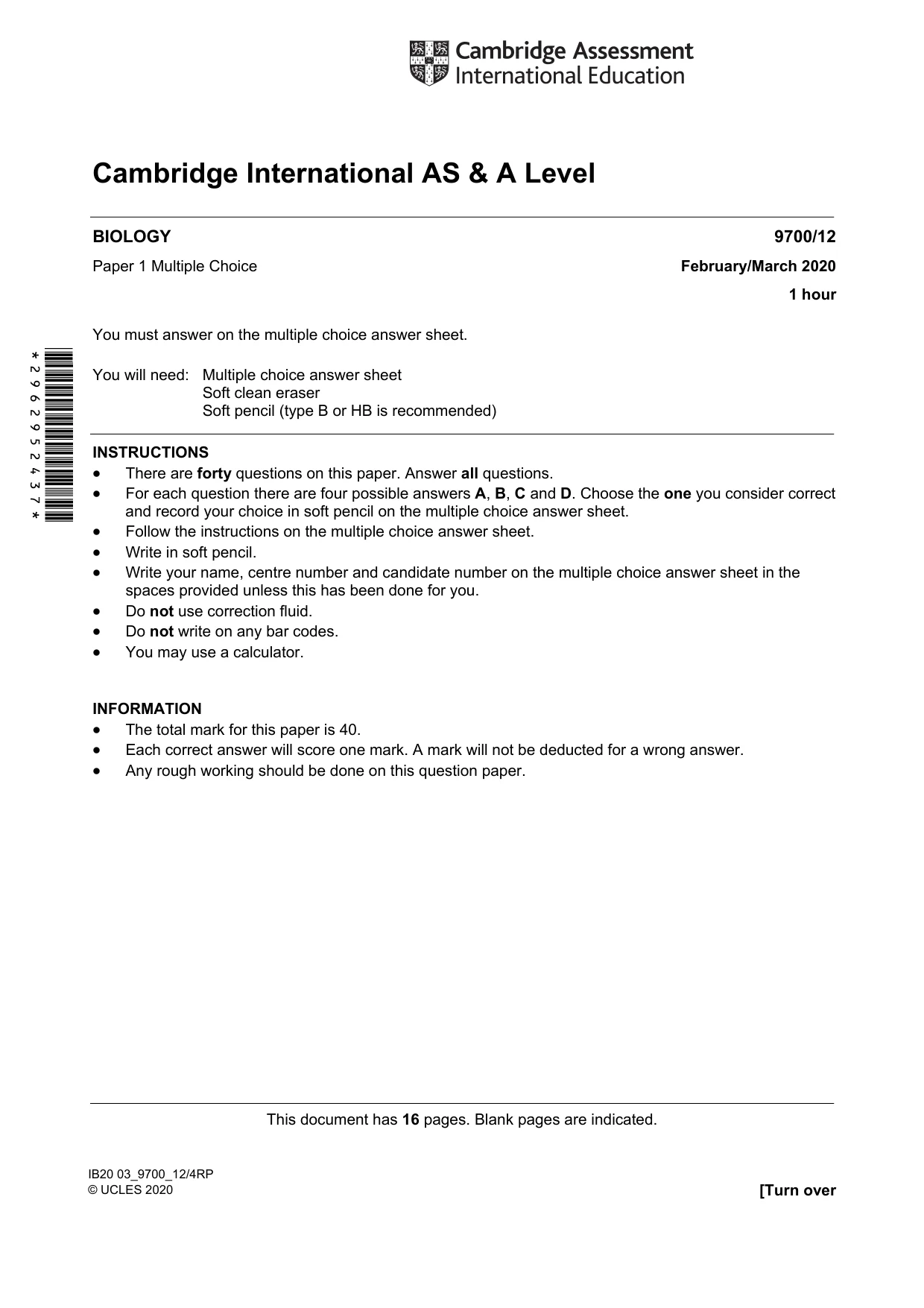 Cambridge A Level Biology 9700 2020 Feb/March Paper 1 · Variant 2 question paper, page 1 of 16