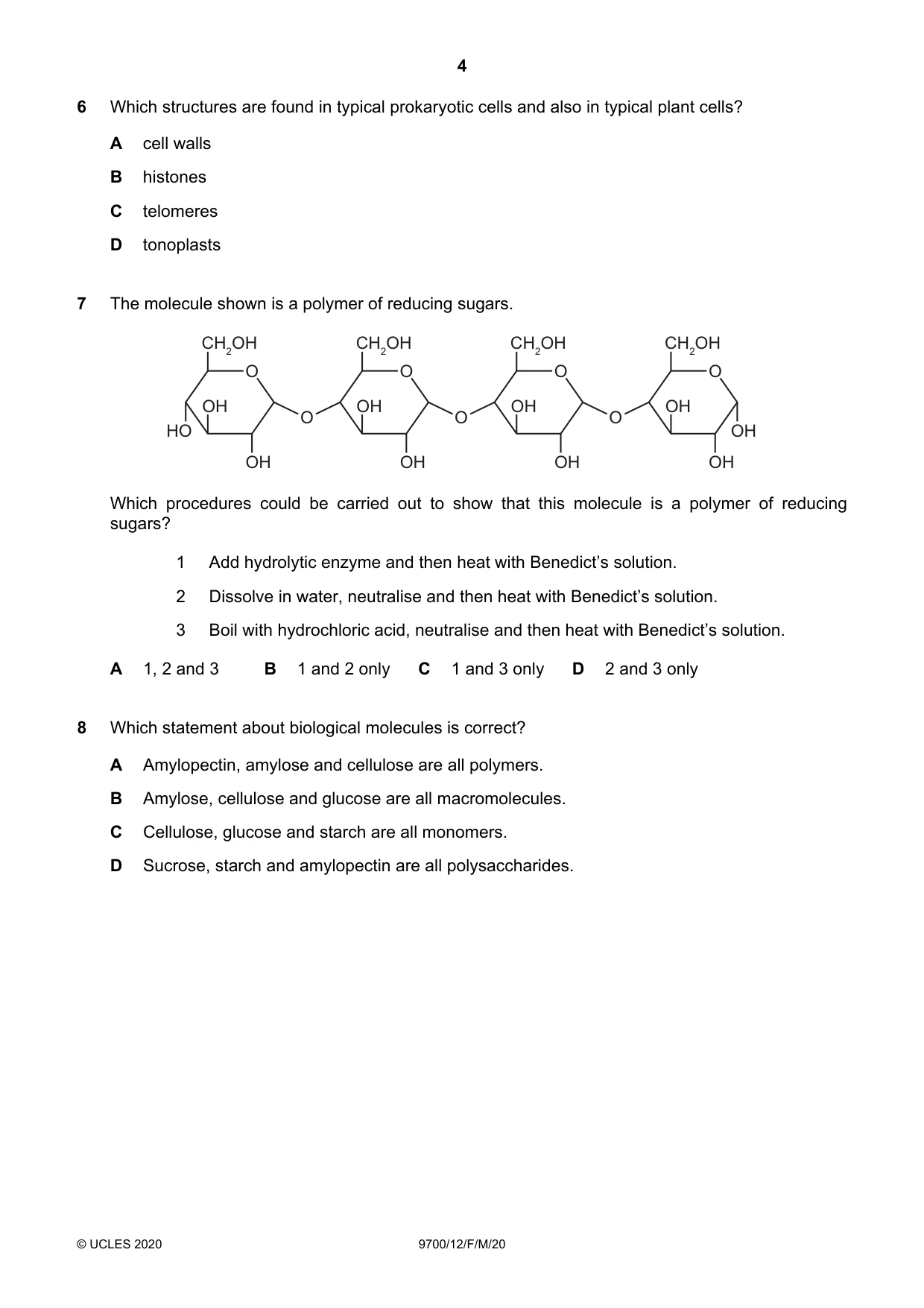 Cambridge A Level Biology 9700 2020 Feb/March Paper 1 · Variant 2 question paper, page 4 of 16