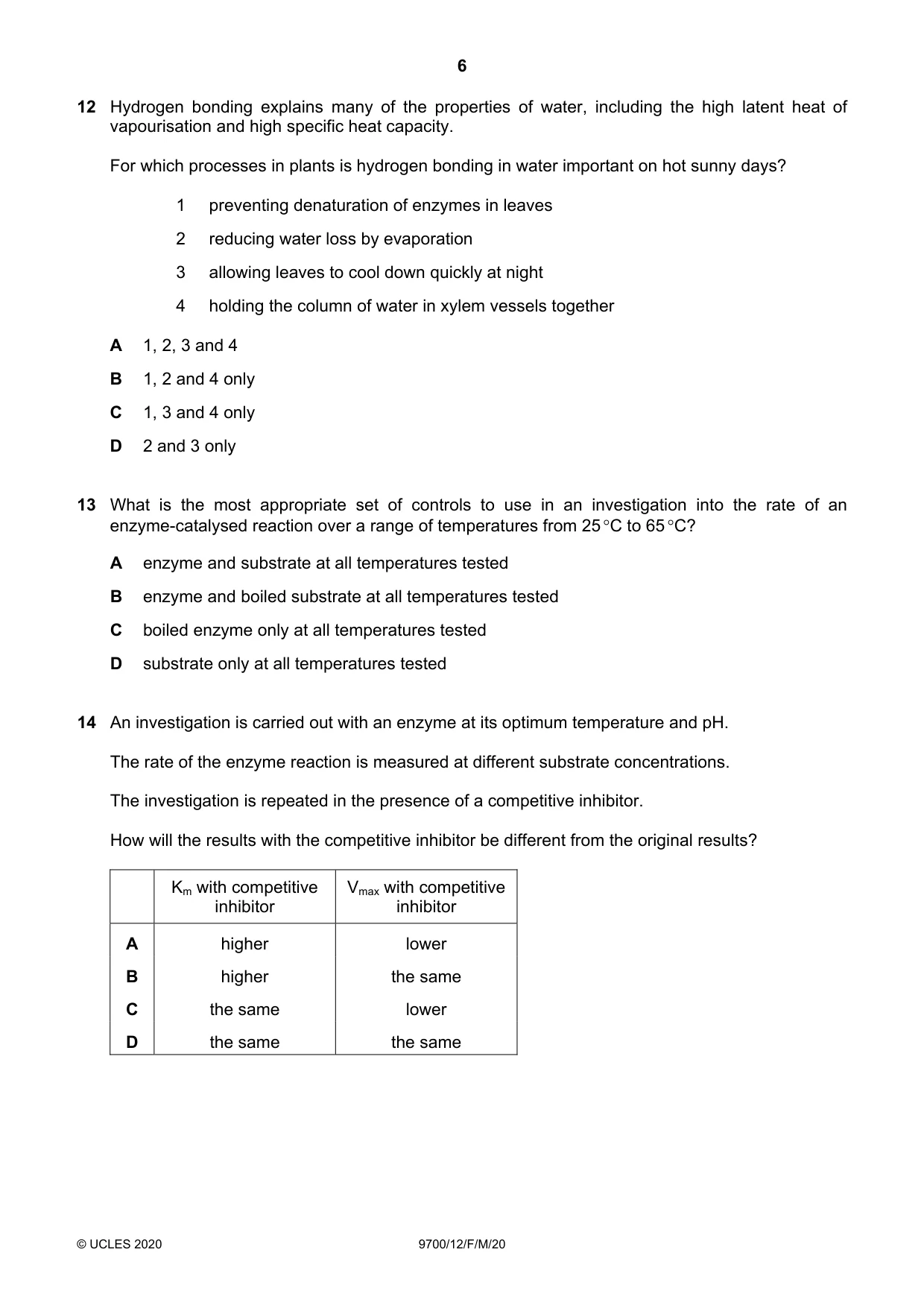 Cambridge A Level Biology 9700 2020 Feb/March Paper 1 · Variant 2 question paper, page 6 of 16