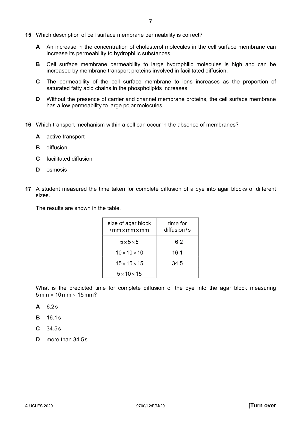 Cambridge A Level Biology 9700 2020 Feb/March Paper 1 · Variant 2 question paper, page 7 of 16