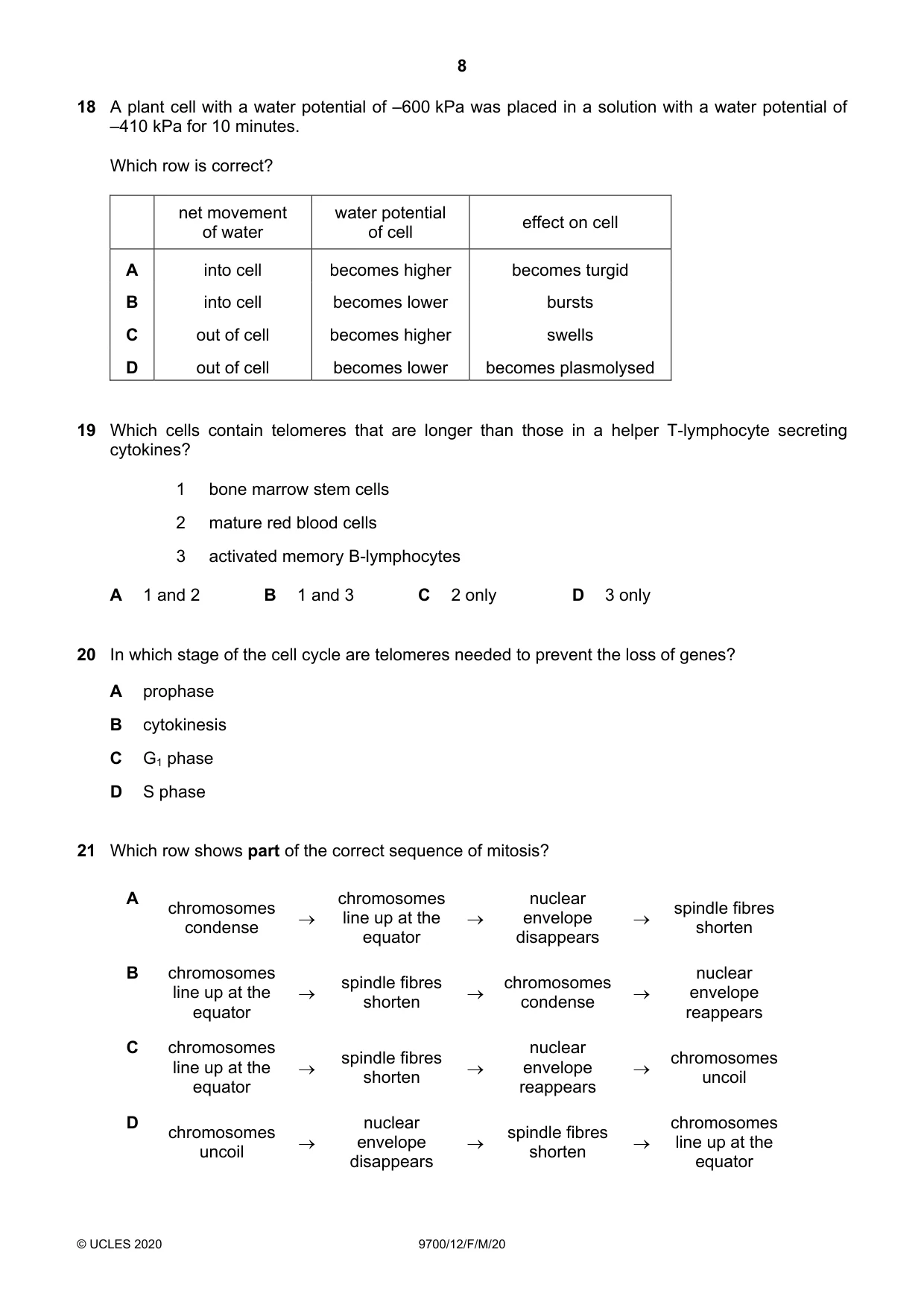 Cambridge A Level Biology 9700 2020 Feb/March Paper 1 · Variant 2 question paper, page 8 of 16