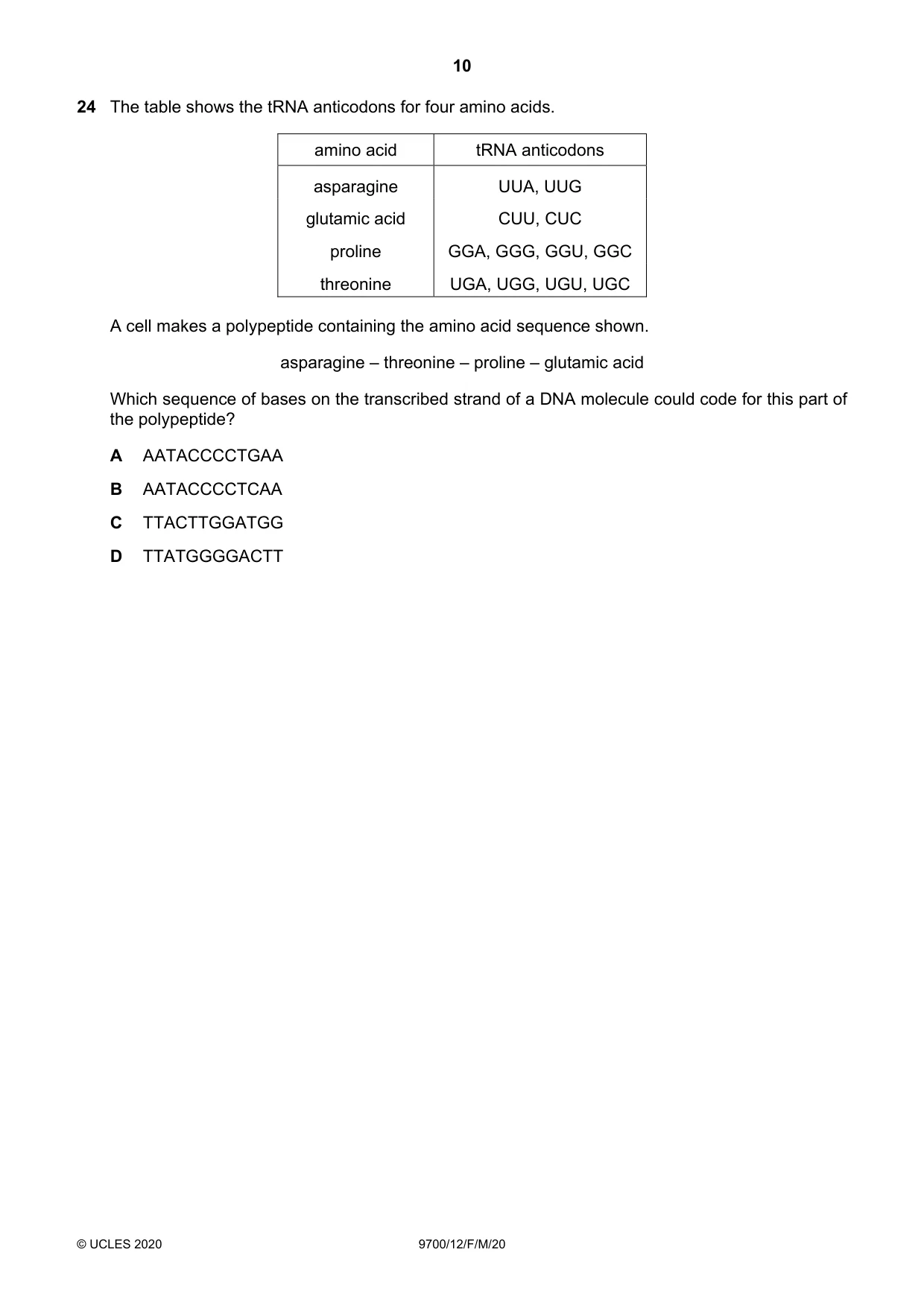 Cambridge A Level Biology 9700 2020 Feb/March Paper 1 · Variant 2 question paper, page 10 of 16