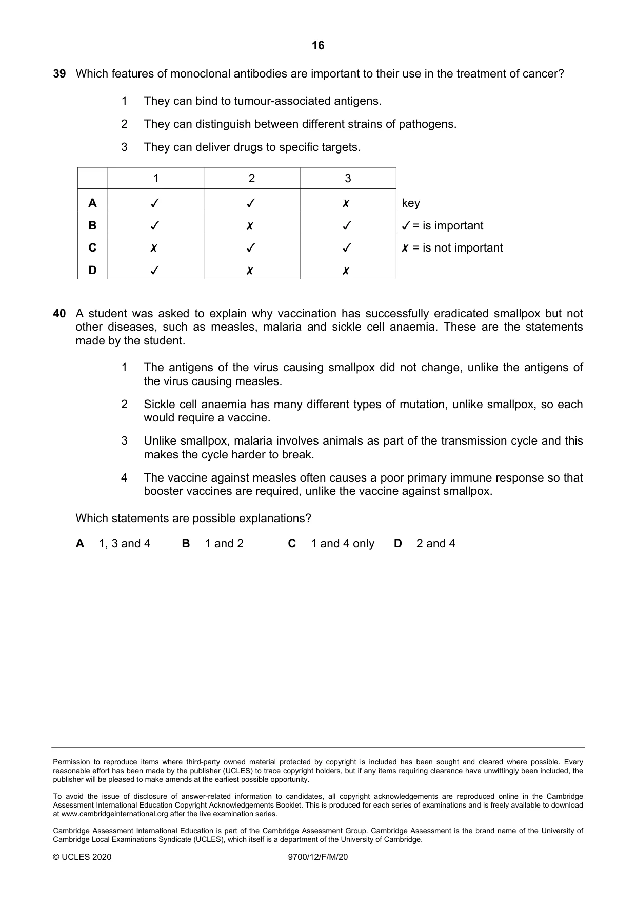 Cambridge A Level Biology 9700 2020 Feb/March Paper 1 · Variant 2 question paper, page 16 of 16