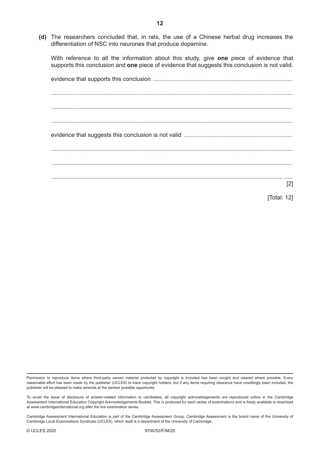Cambridge A Level Biology 9700 2020 Feb/March Paper 5 · Variant 2 question paper, page 12 of 12