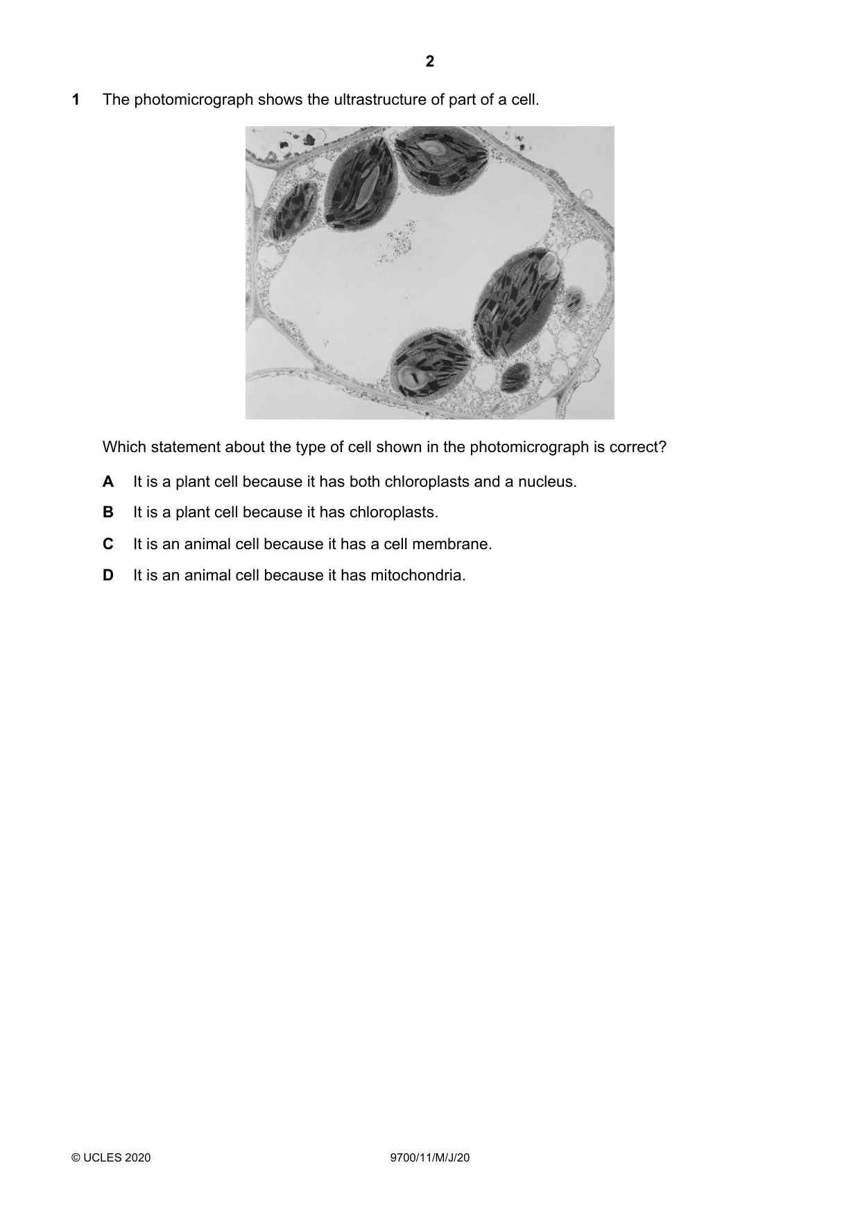 Cambridge A Level Biology 9700 2020 May/June Paper 1 · Variant 1 question paper, page 2 of 20
