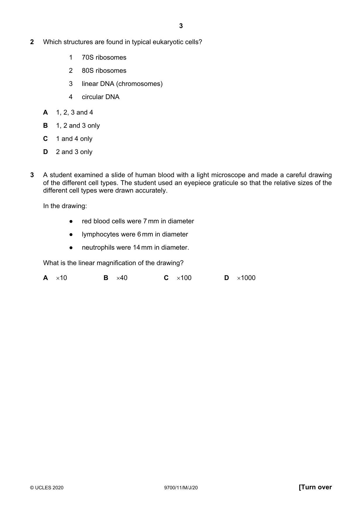 Cambridge A Level Biology 9700 2020 May/June Paper 1 · Variant 1 question paper, page 3 of 20