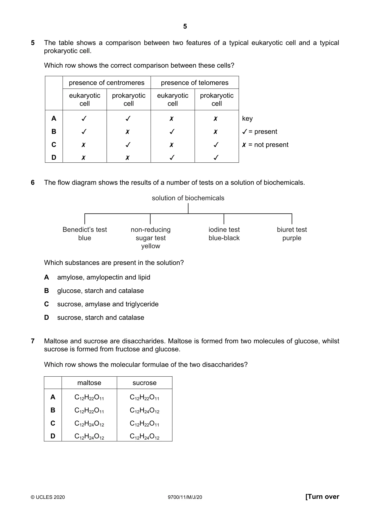 Cambridge A Level Biology 9700 2020 May/June Paper 1 · Variant 1 question paper, page 5 of 20
