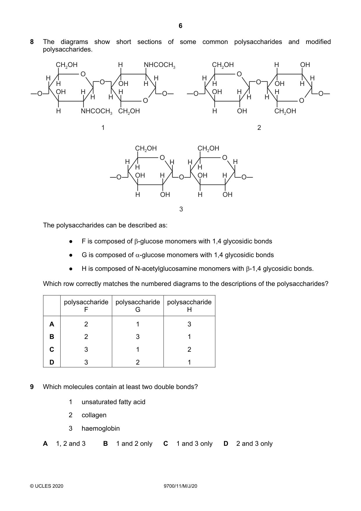 Cambridge A Level Biology 9700 2020 May/June Paper 1 · Variant 1 question paper, page 6 of 20