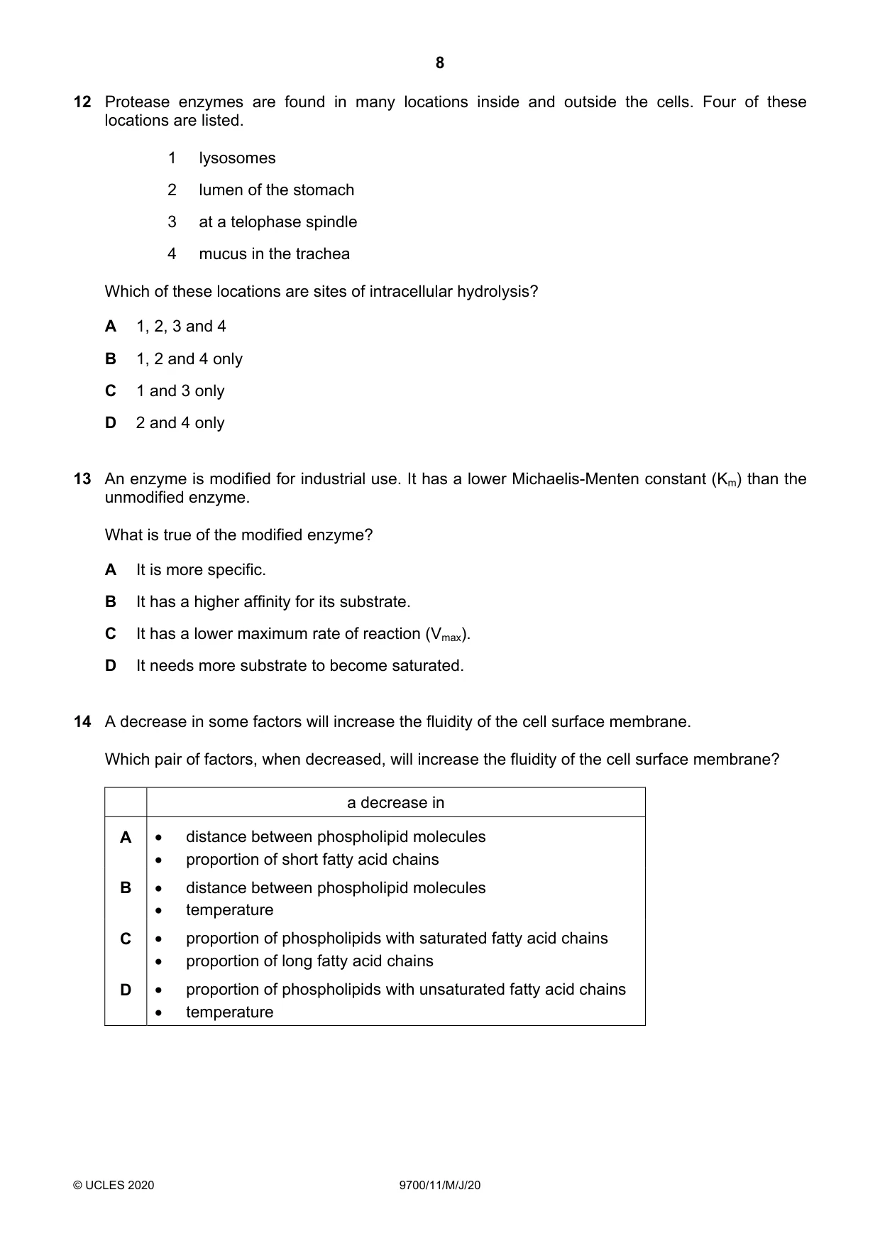 Cambridge A Level Biology 9700 2020 May/June Paper 1 · Variant 1 question paper, page 8 of 20
