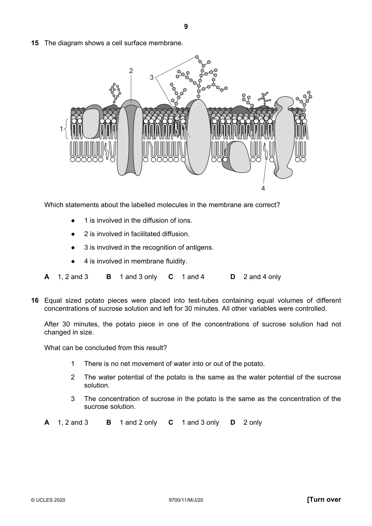 Cambridge A Level Biology 9700 2020 May/June Paper 1 · Variant 1 question paper, page 9 of 20