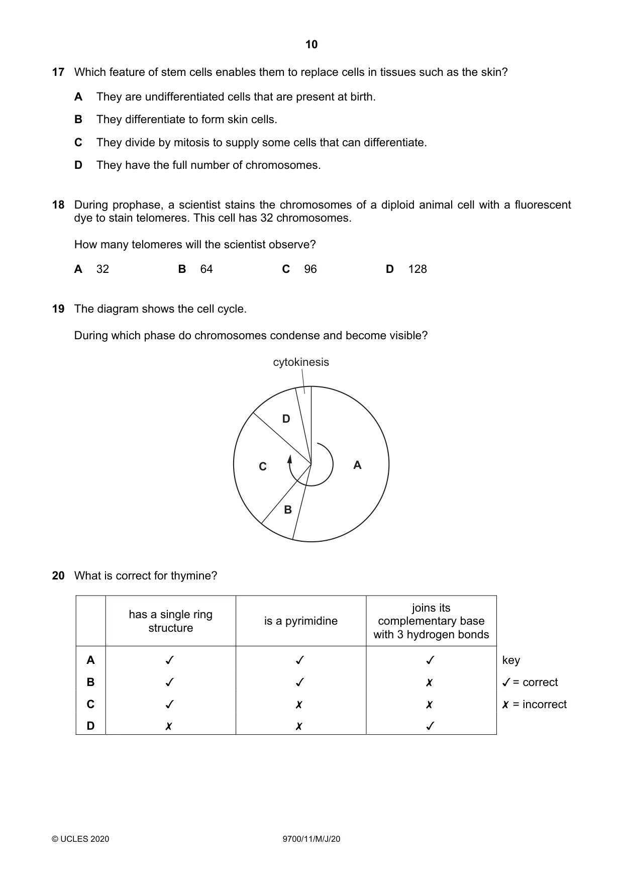Cambridge A Level Biology 9700 2020 May/June Paper 1 · Variant 1 question paper, page 10 of 20