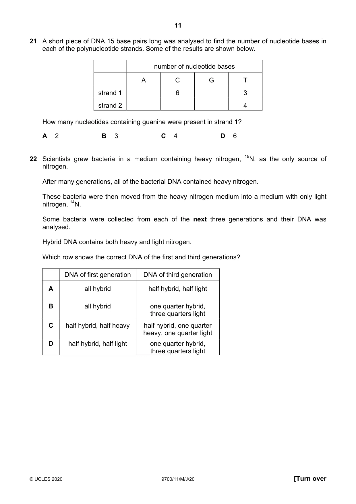 Cambridge A Level Biology 9700 2020 May/June Paper 1 · Variant 1 question paper, page 11 of 20