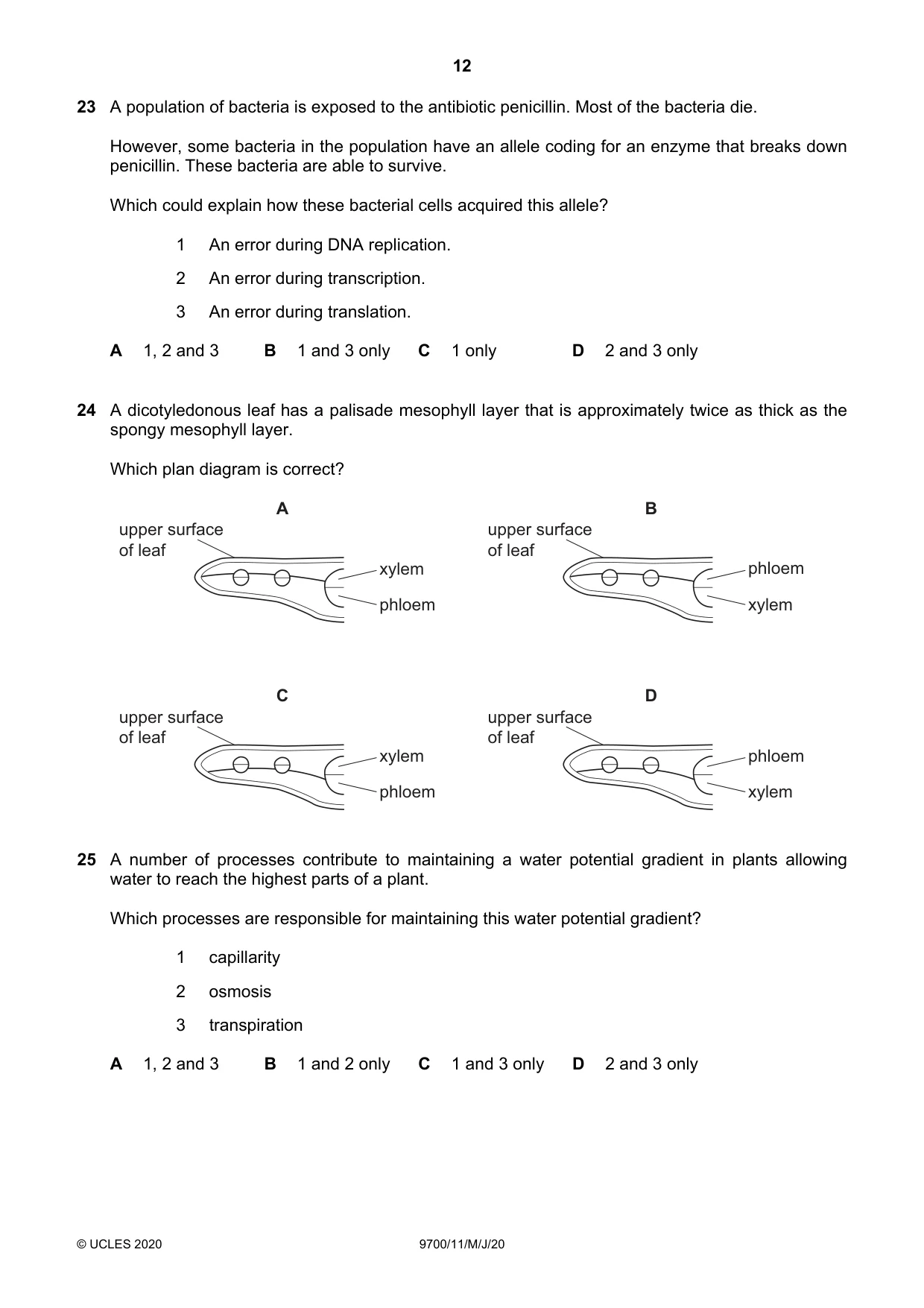 Cambridge A Level Biology 9700 2020 May/June Paper 1 · Variant 1 question paper, page 12 of 20