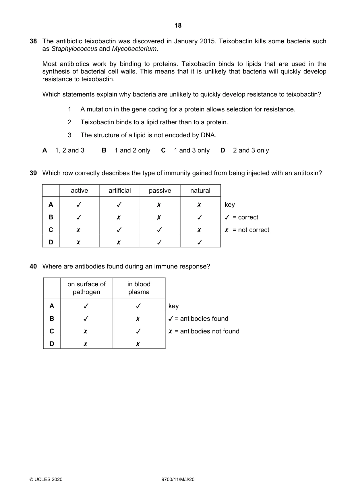 Cambridge A Level Biology 9700 2020 May/June Paper 1 · Variant 1 question paper, page 18 of 20