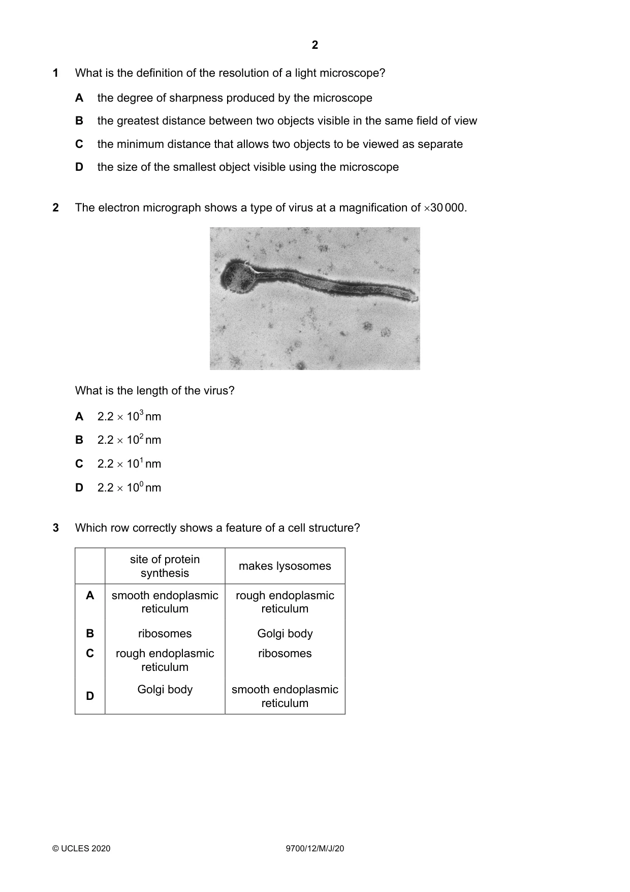 Cambridge A Level Biology 9700 2020 May/June Paper 1 · Variant 2 question paper, page 2 of 16