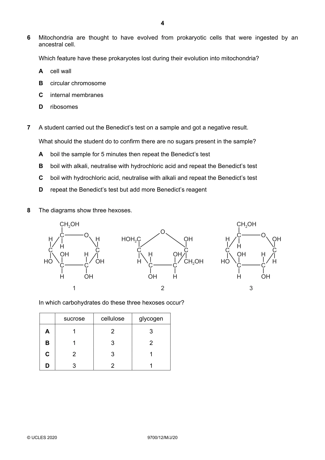 Cambridge A Level Biology 9700 2020 May/June Paper 1 · Variant 2 question paper, page 4 of 16