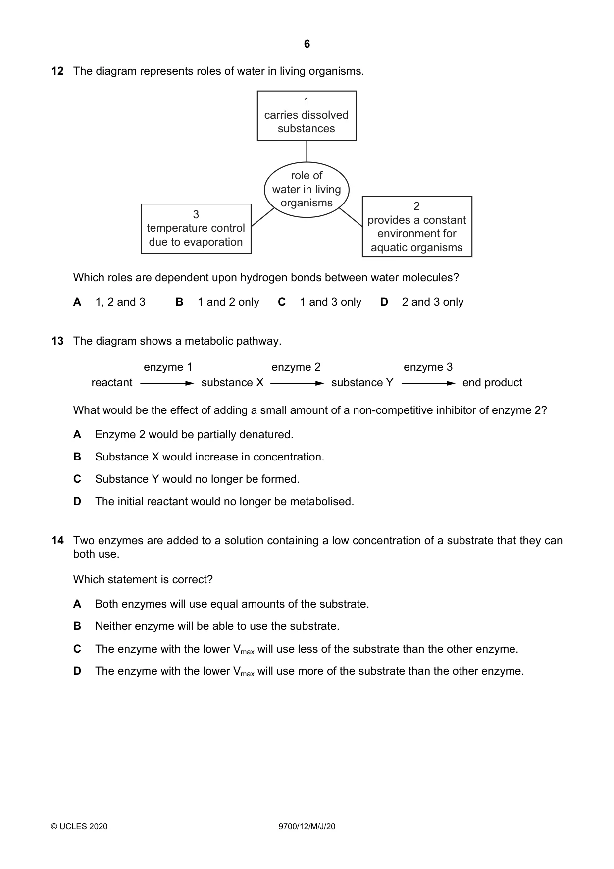 Cambridge A Level Biology 9700 2020 May/June Paper 1 · Variant 2 question paper, page 6 of 16