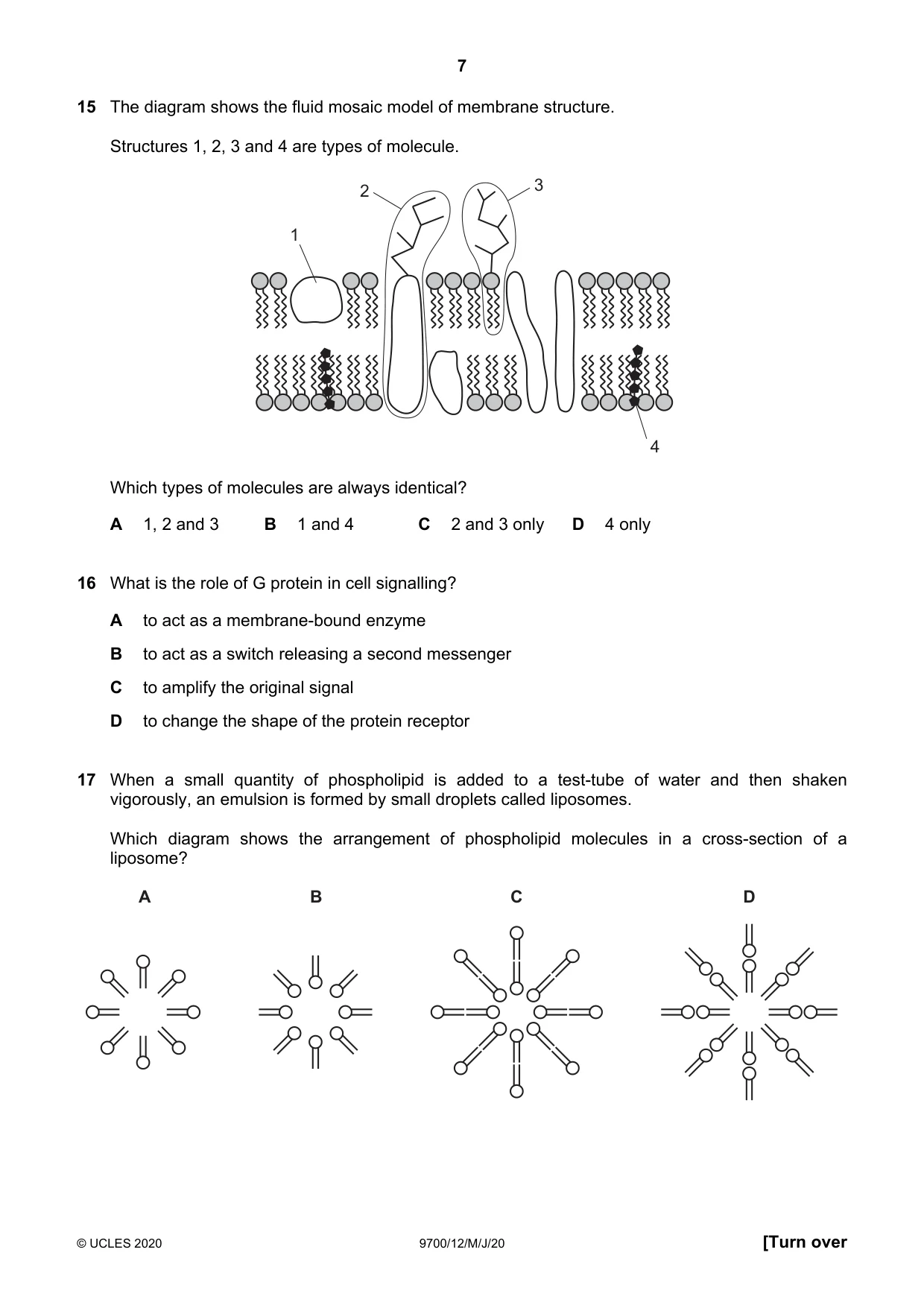 Cambridge A Level Biology 9700 2020 May/June Paper 1 · Variant 2 question paper, page 7 of 16