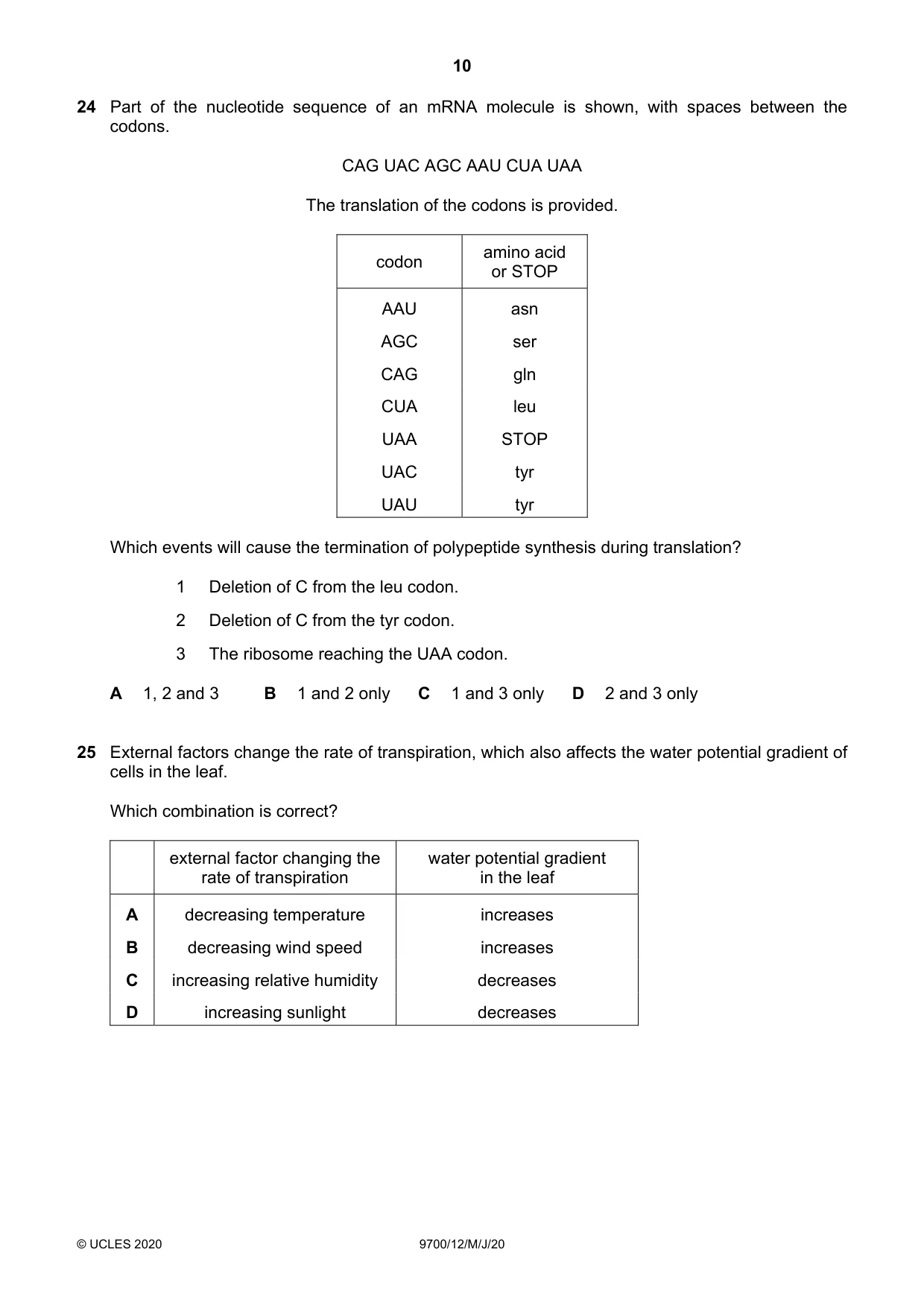 Cambridge A Level Biology 9700 2020 May/June Paper 1 · Variant 2 question paper, page 10 of 16