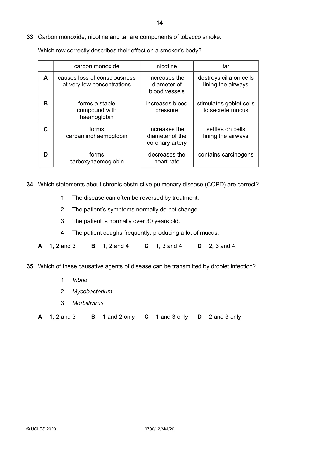 Cambridge A Level Biology 9700 2020 May/June Paper 1 · Variant 2 question paper, page 14 of 16