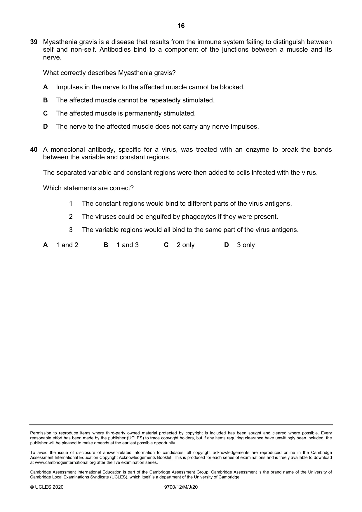 Cambridge A Level Biology 9700 2020 May/June Paper 1 · Variant 2 question paper, page 16 of 16
