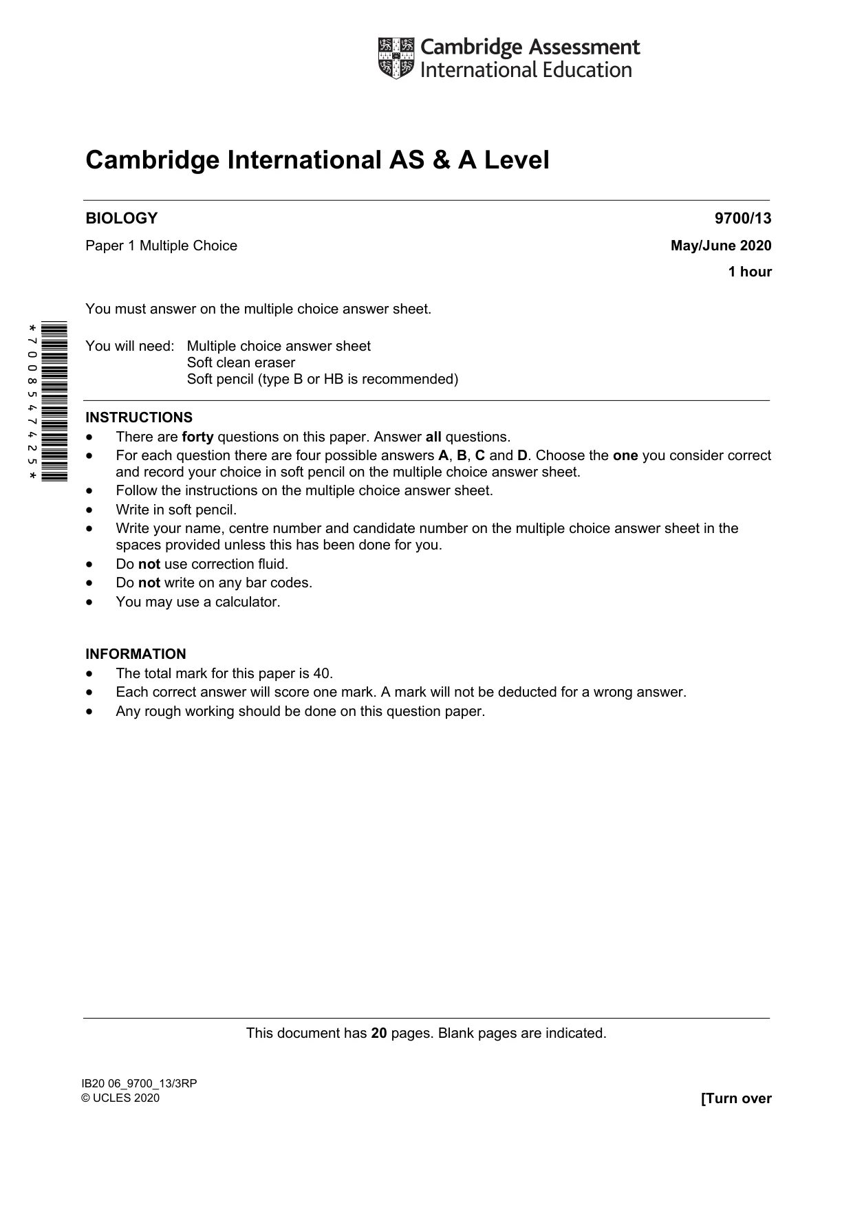 Cambridge A Level Biology 9700 2020 May/June Paper 1 · Variant 3 question paper, page 1 of 20