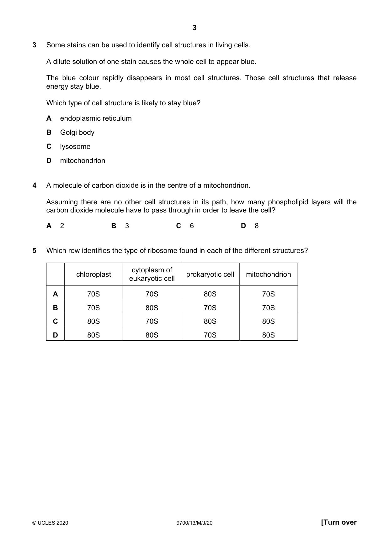 Cambridge A Level Biology 9700 2020 May/June Paper 1 · Variant 3 question paper, page 3 of 20