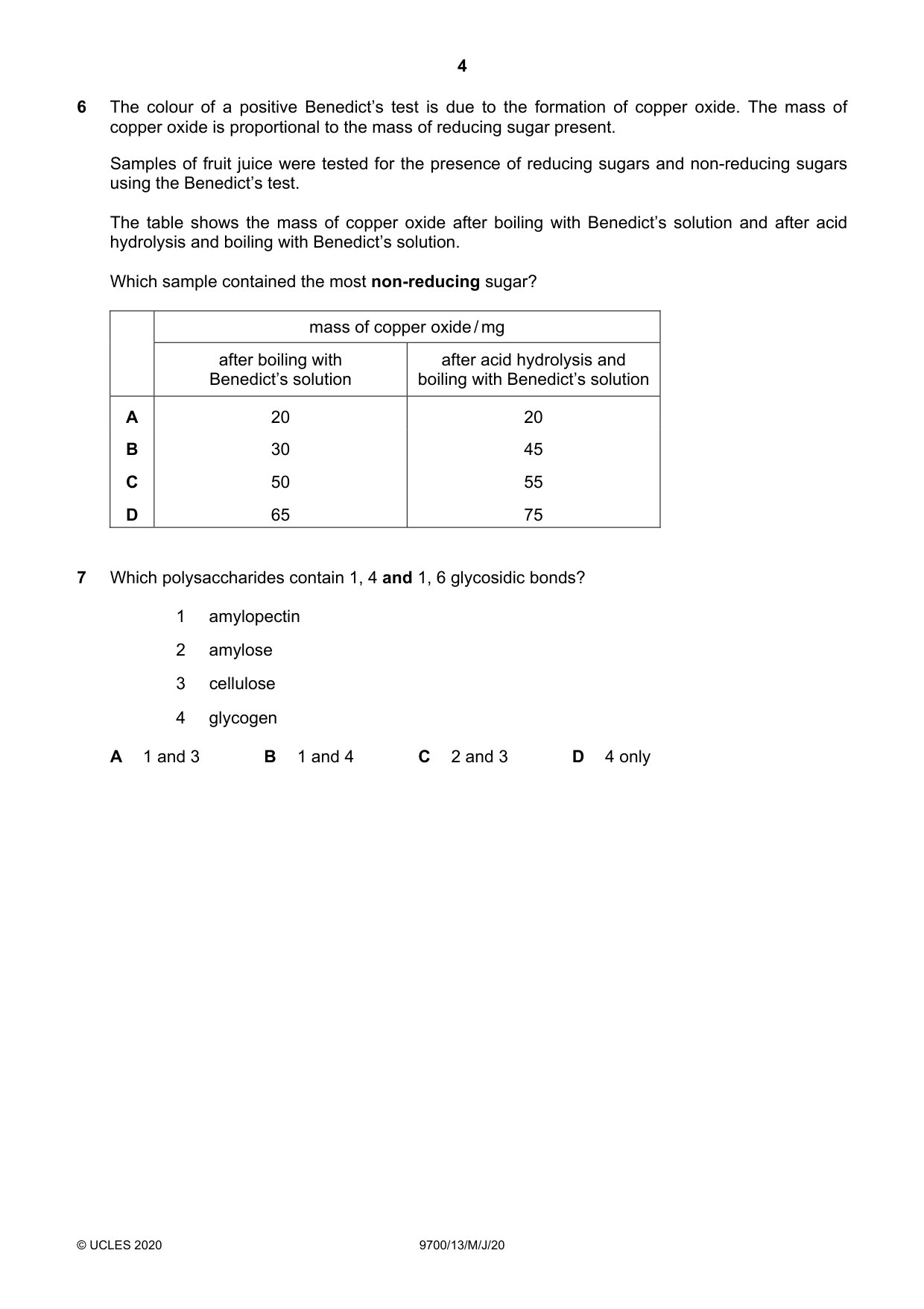 Cambridge A Level Biology 9700 2020 May/June Paper 1 · Variant 3 question paper, page 4 of 20