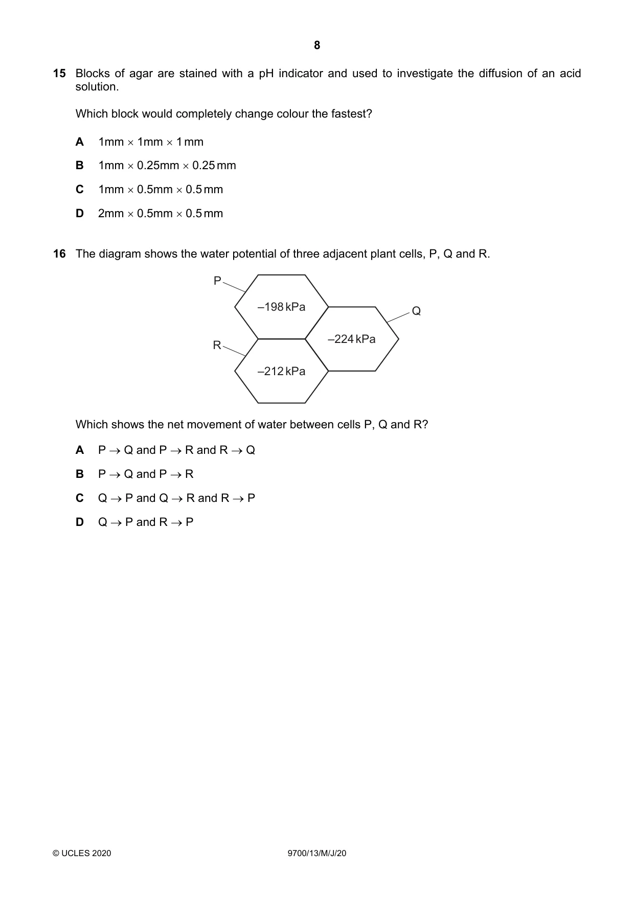 Cambridge A Level Biology 9700 2020 May/June Paper 1 · Variant 3 question paper, page 8 of 20