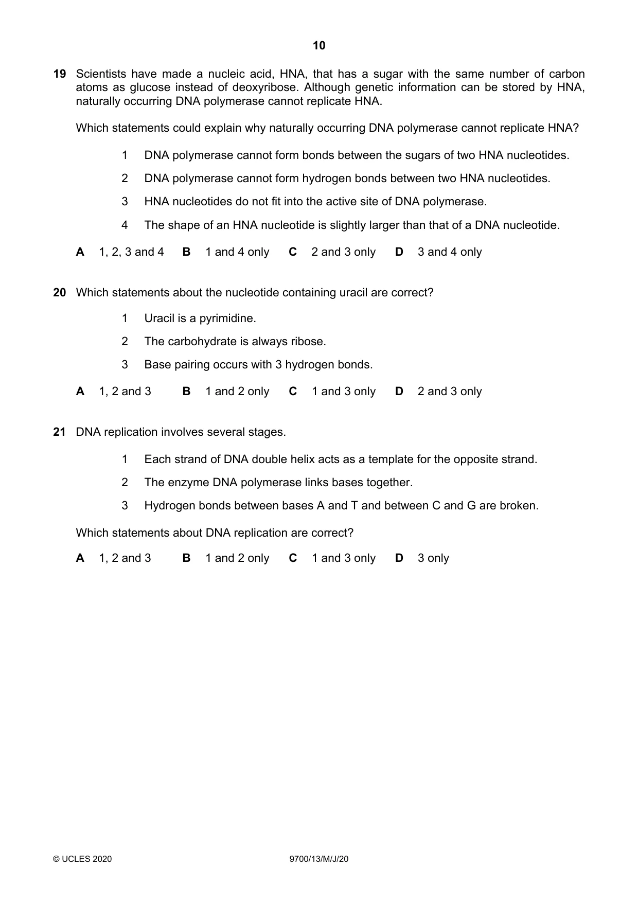 Cambridge A Level Biology 9700 2020 May/June Paper 1 · Variant 3 question paper, page 10 of 20