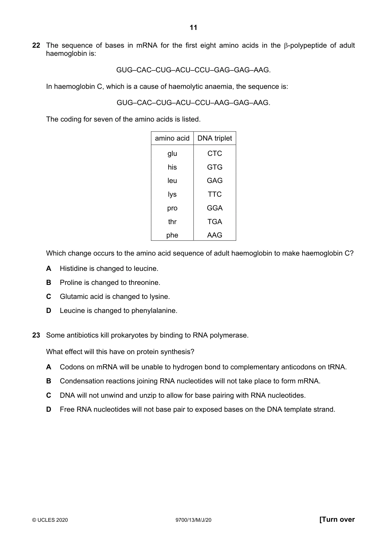 Cambridge A Level Biology 9700 2020 May/June Paper 1 · Variant 3 question paper, page 11 of 20