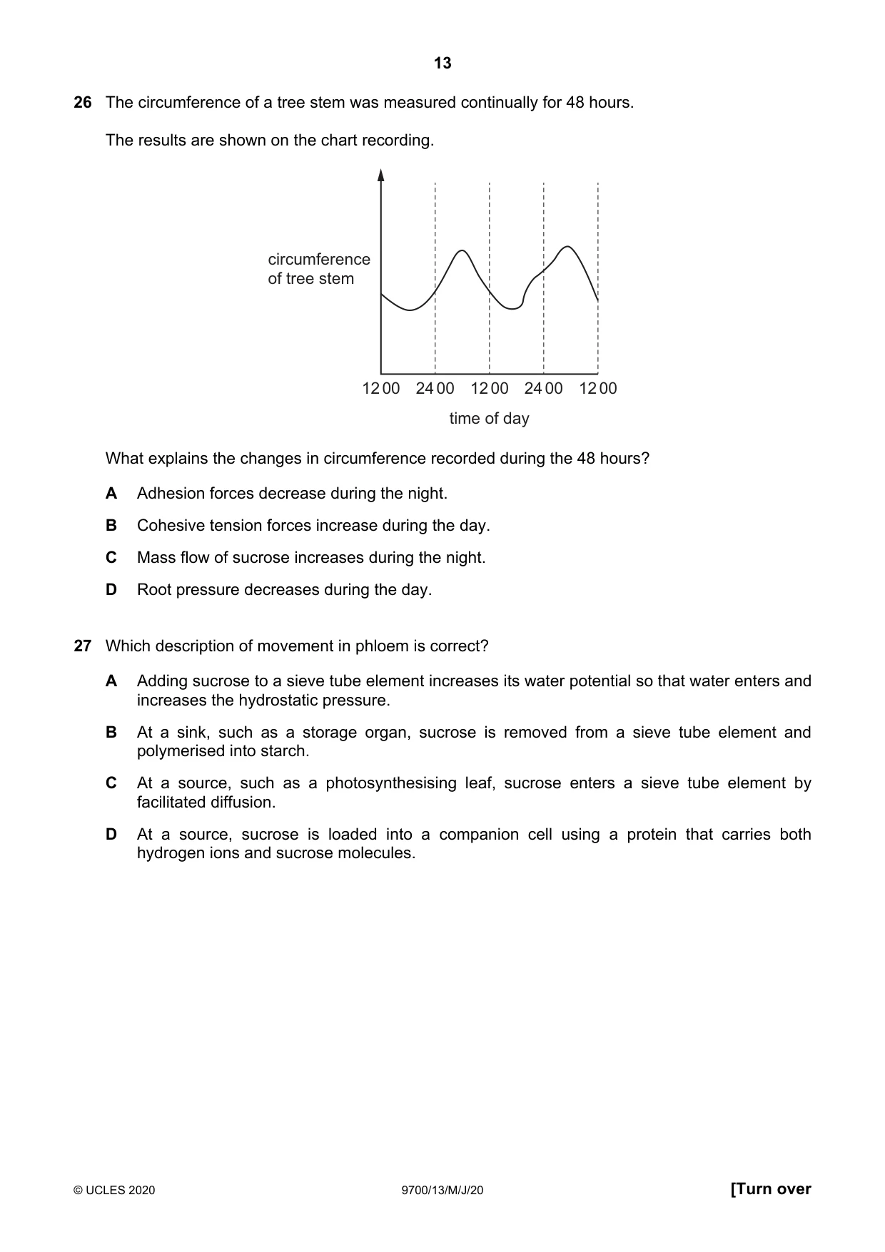 Cambridge A Level Biology 9700 2020 May/June Paper 1 · Variant 3 question paper, page 13 of 20