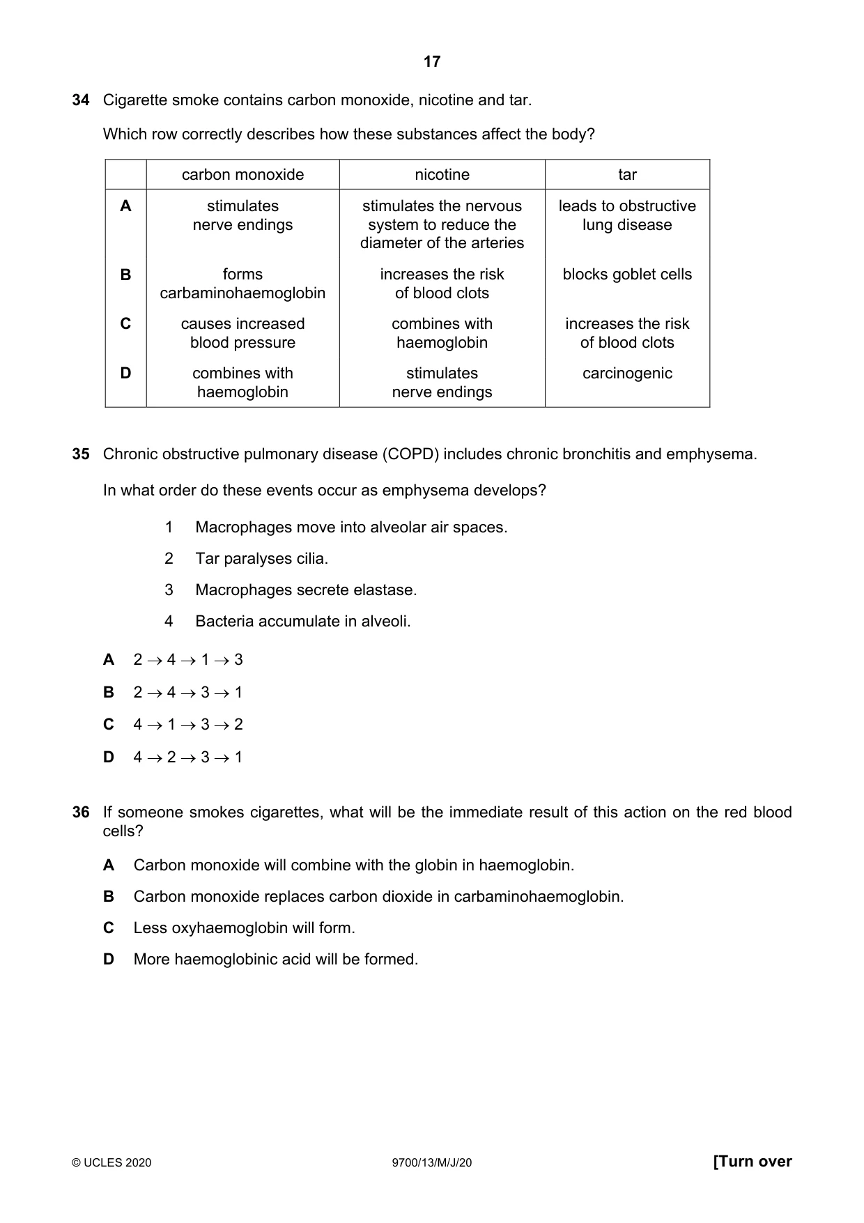 Cambridge A Level Biology 9700 2020 May/June Paper 1 · Variant 3 question paper, page 17 of 20