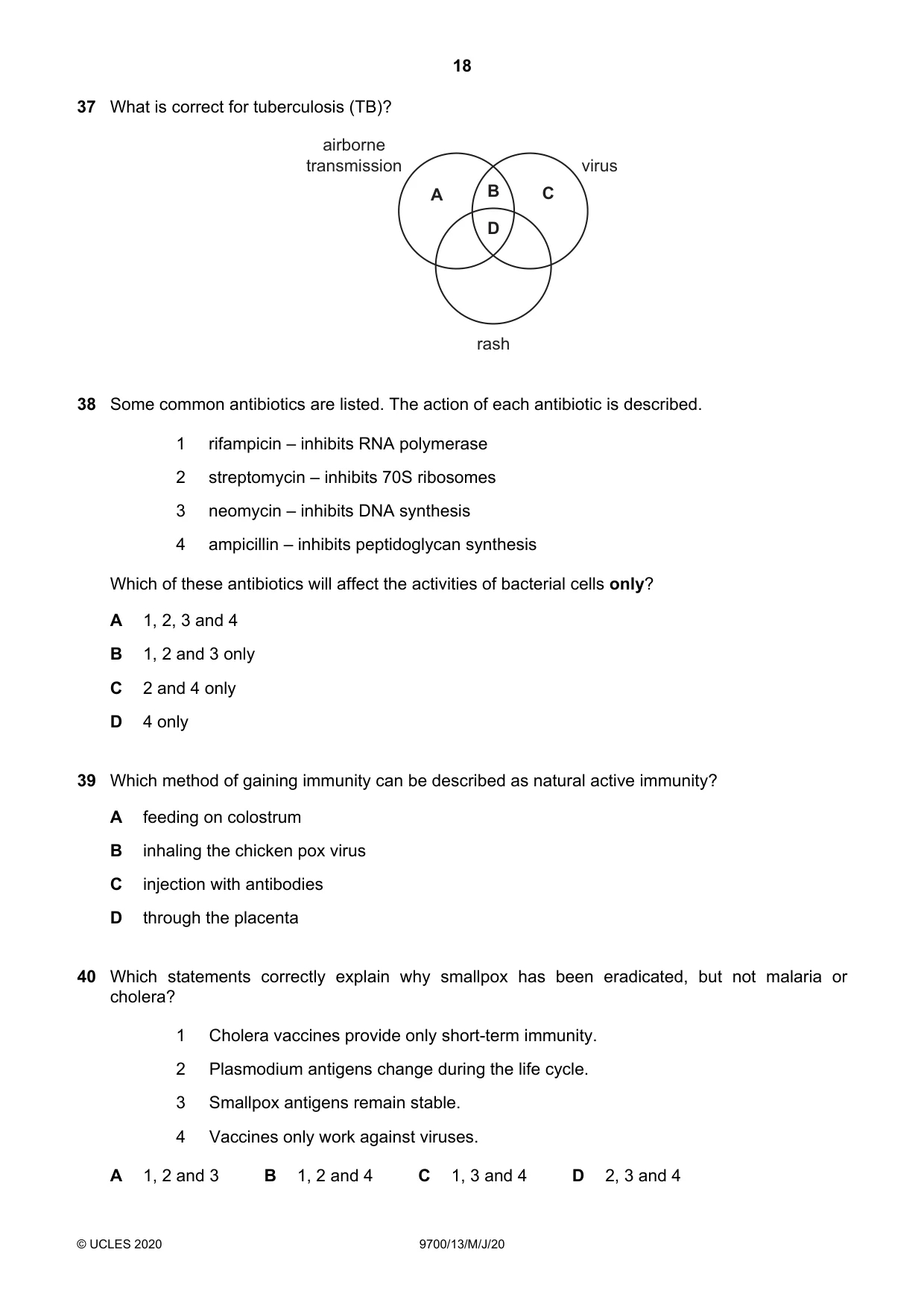 Cambridge A Level Biology 9700 2020 May/June Paper 1 · Variant 3 question paper, page 18 of 20
