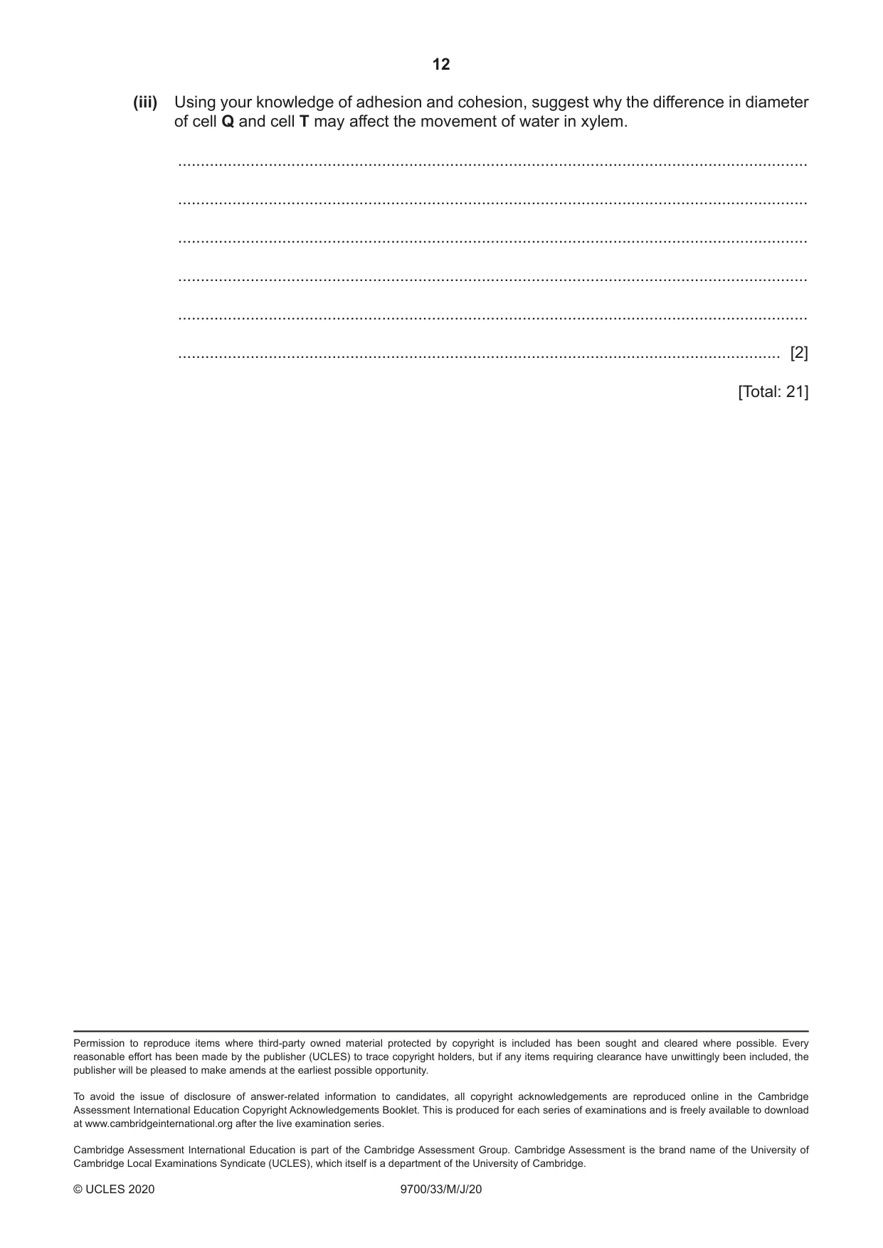 Cambridge A Level Biology 9700 2020 May/June Paper 3 · Variant 3 question paper, page 12 of 12