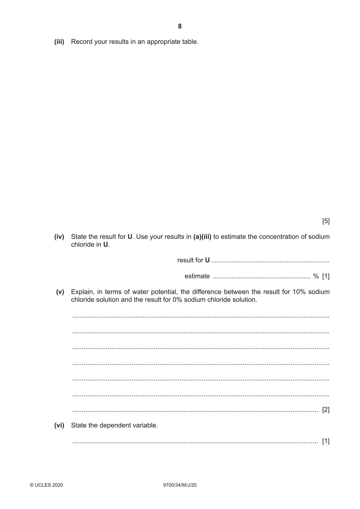 Cambridge A Level Biology 9700 2020 May/June Paper 3 · Variant 4 question paper, page 8 of 16