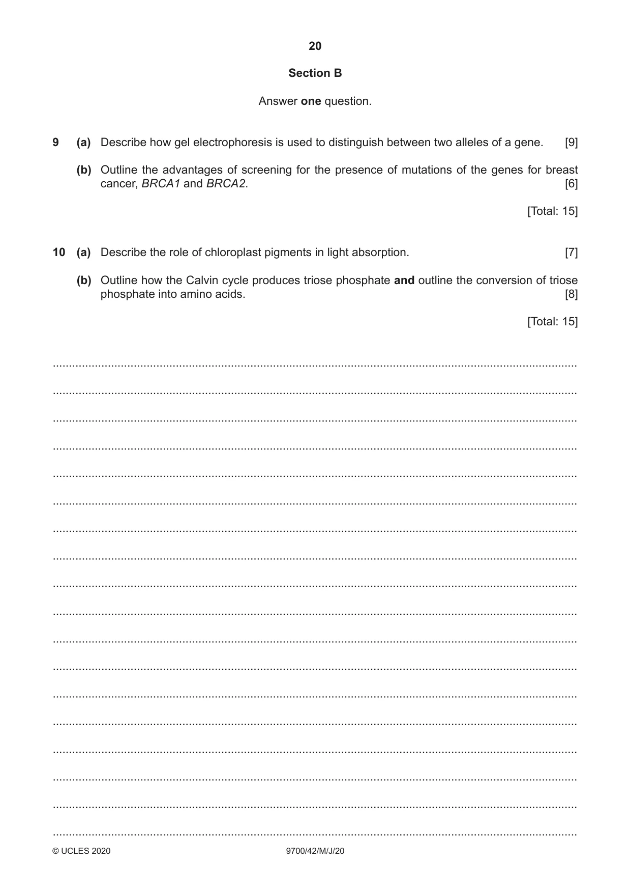 Cambridge A Level Biology 9700 2020 May/June Paper 4 · Variant 2 question paper, page 20 of 24