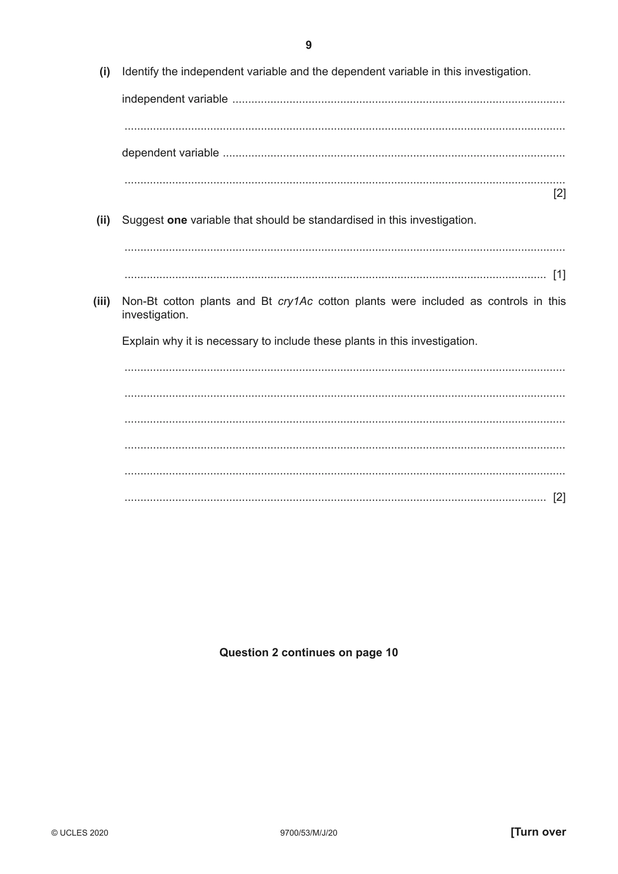 Cambridge A Level Biology 9700 2020 May/June Paper 5 · Variant 3 question paper, page 9 of 12