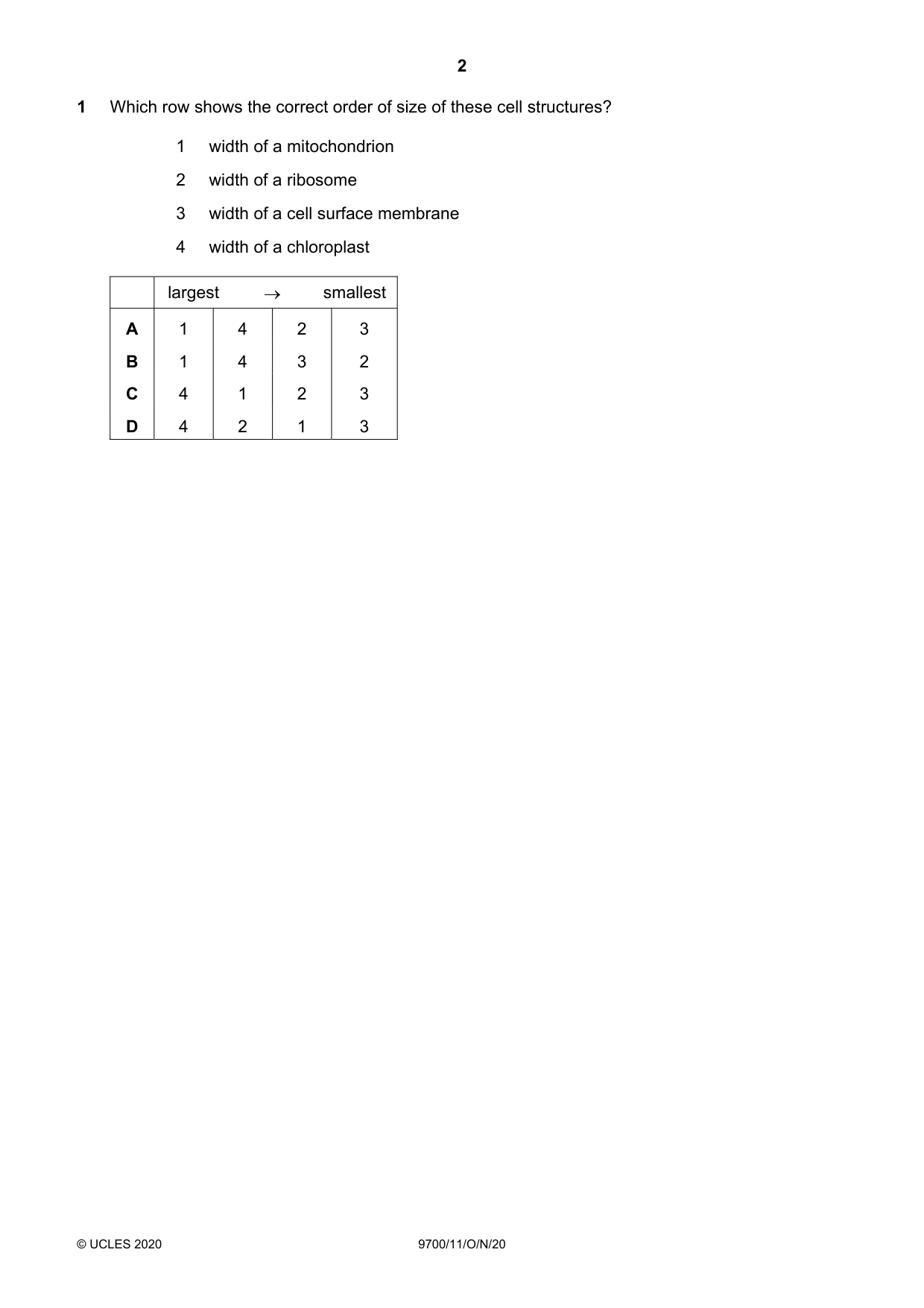 Cambridge A Level Biology 9700 2020 Oct/Nov Paper 1 · Variant 1 question paper, page 2 of 20
