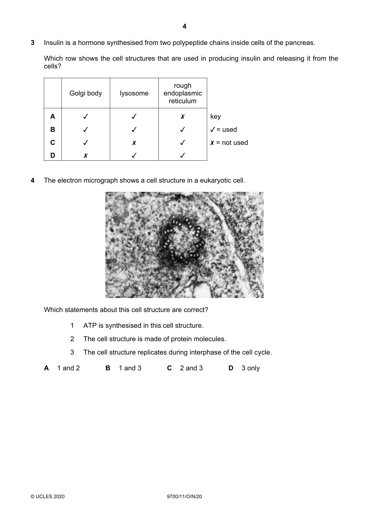 Cambridge A Level Biology 9700 2020 Oct/Nov Paper 1 · Variant 1 question paper, page 4 of 20