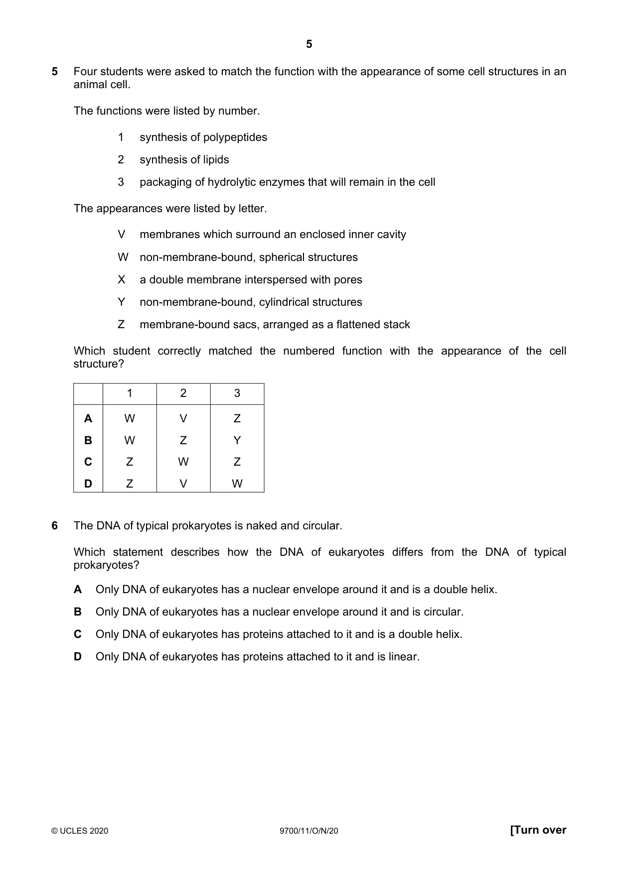 Cambridge A Level Biology 9700 2020 Oct/Nov Paper 1 · Variant 1 question paper, page 5 of 20