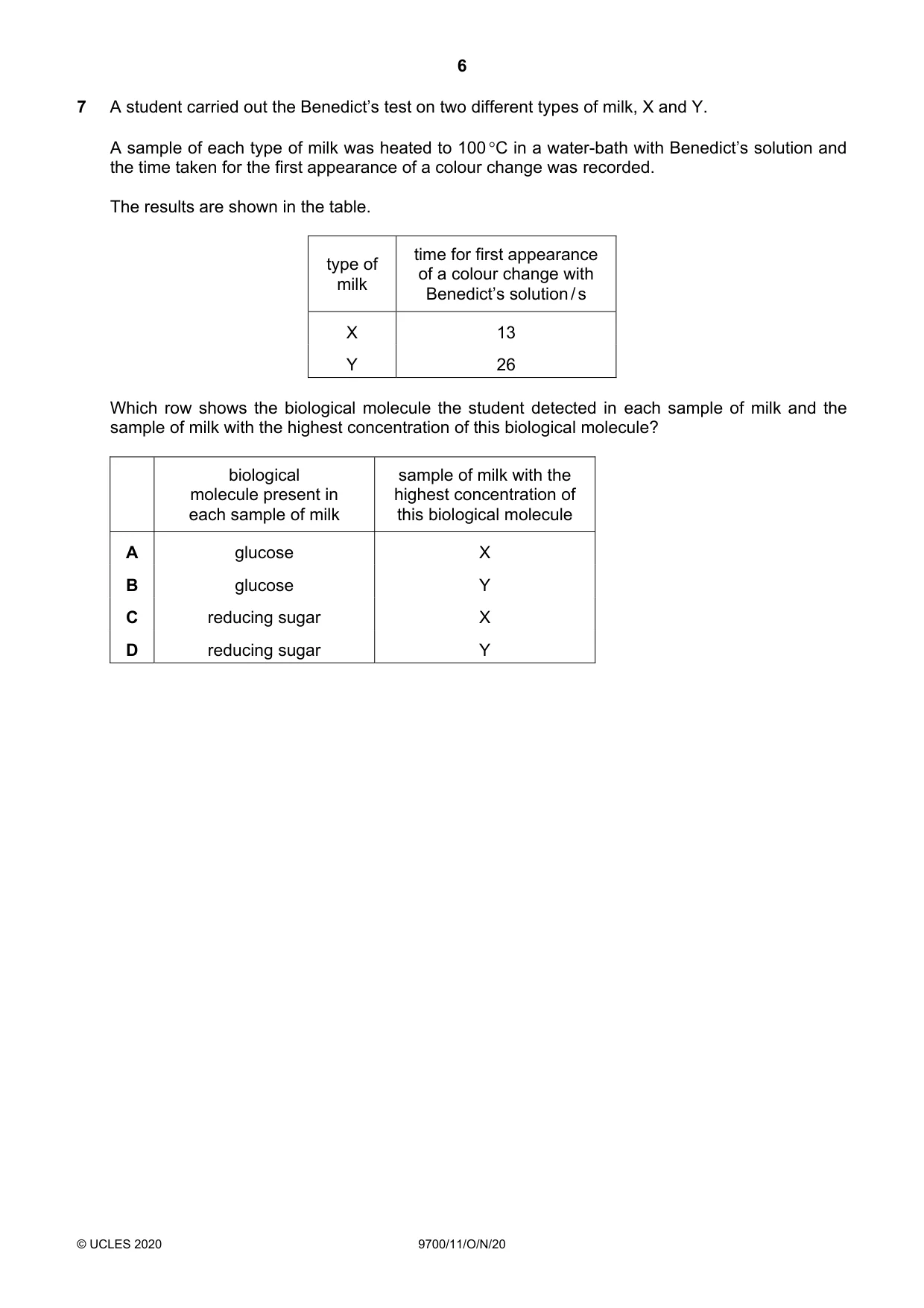 Cambridge A Level Biology 9700 2020 Oct/Nov Paper 1 · Variant 1 question paper, page 6 of 20