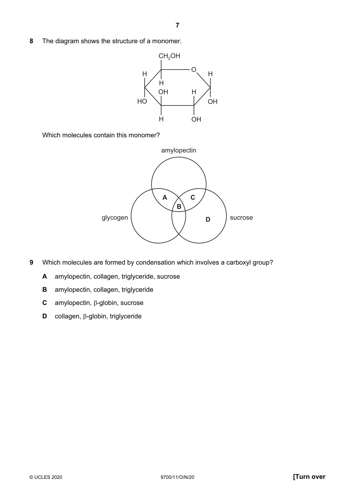 Cambridge A Level Biology 9700 2020 Oct/Nov Paper 1 · Variant 1 question paper, page 7 of 20
