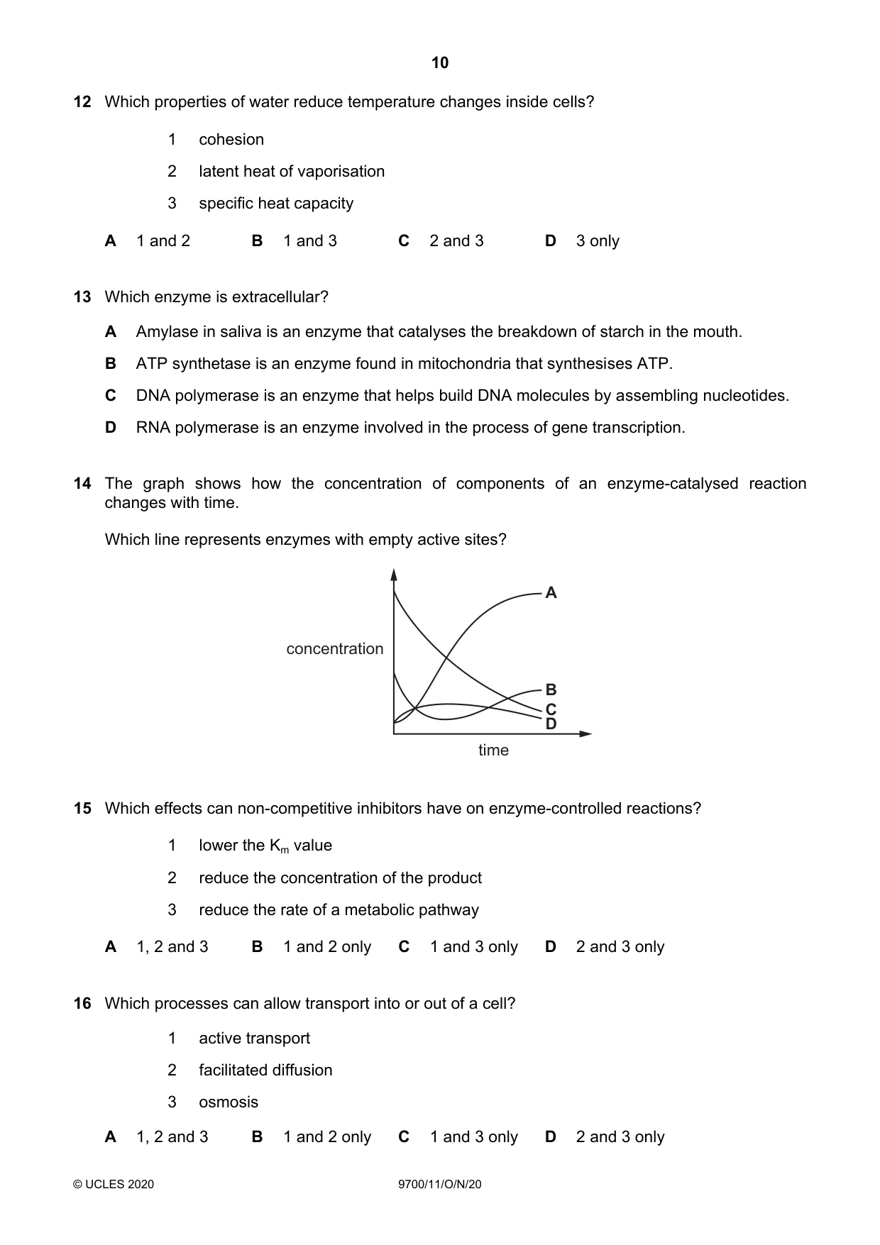 Cambridge A Level Biology 9700 2020 Oct/Nov Paper 1 · Variant 1 question paper, page 10 of 20