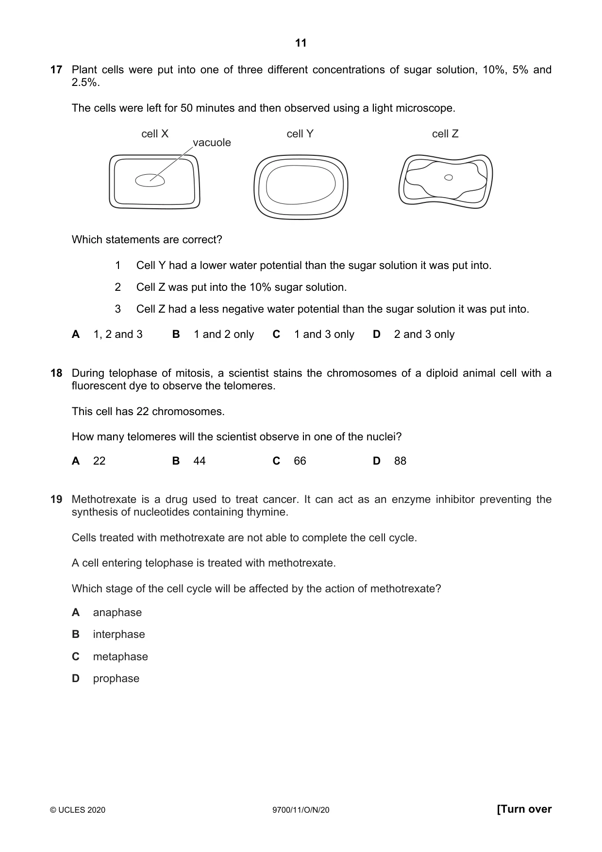 Cambridge A Level Biology 9700 2020 Oct/Nov Paper 1 · Variant 1 question paper, page 11 of 20