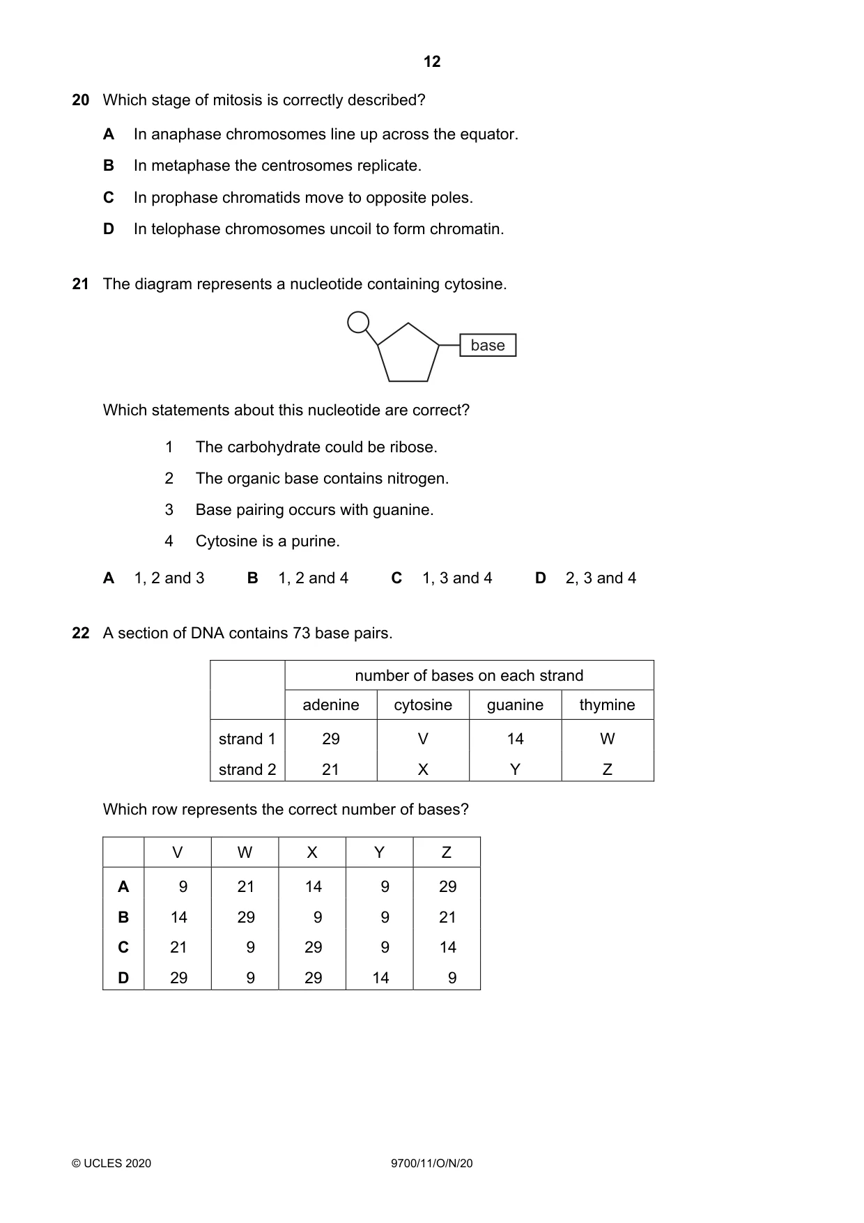 Cambridge A Level Biology 9700 2020 Oct/Nov Paper 1 · Variant 1 question paper, page 12 of 20