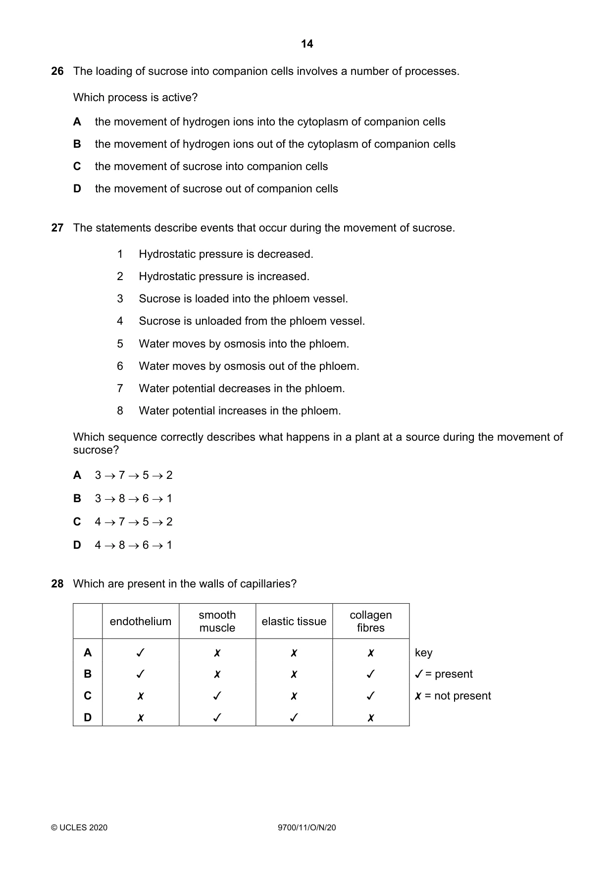 Cambridge A Level Biology 9700 2020 Oct/Nov Paper 1 · Variant 1 question paper, page 14 of 20