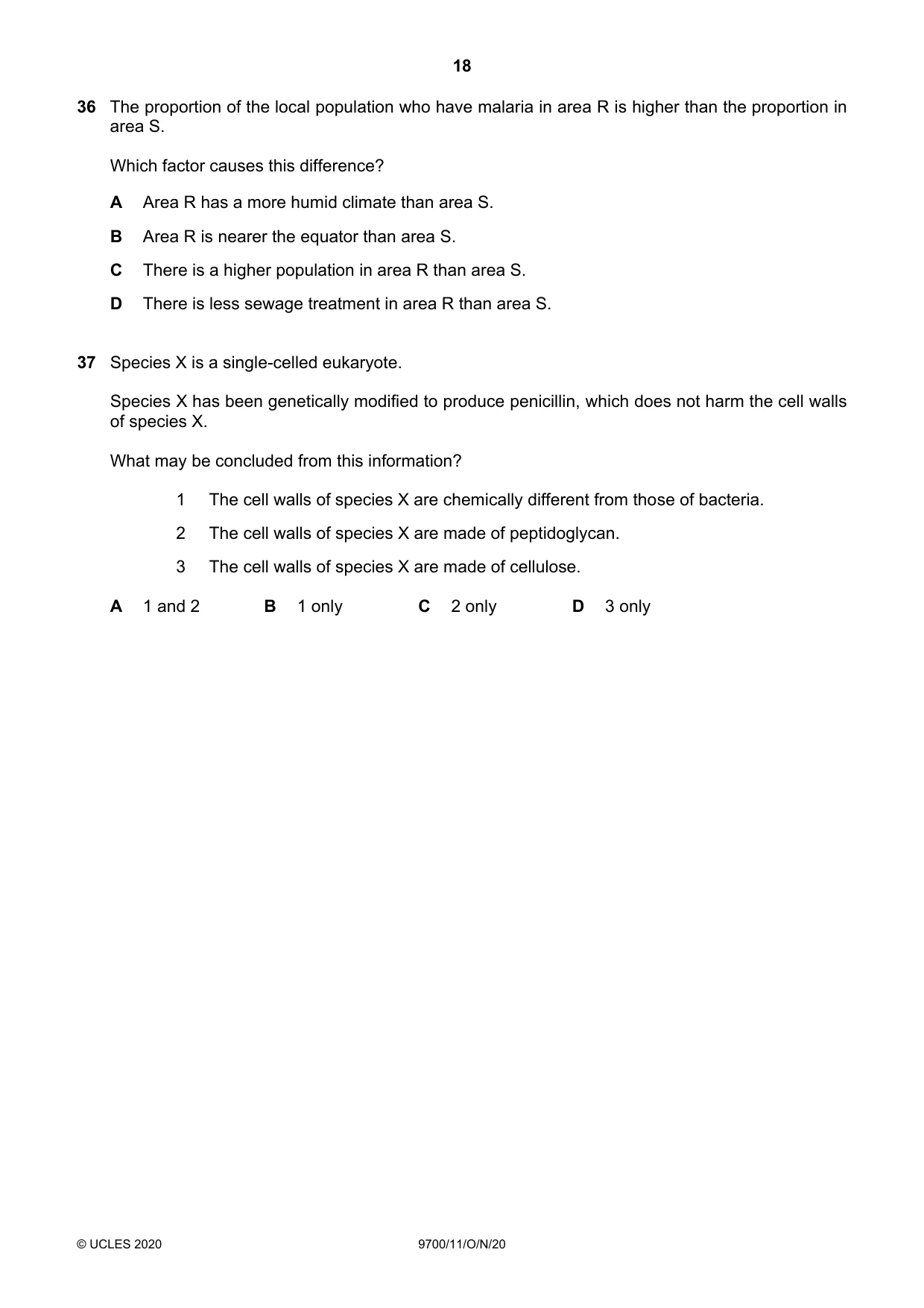Cambridge A Level Biology 9700 2020 Oct/Nov Paper 1 · Variant 1 question paper, page 18 of 20
