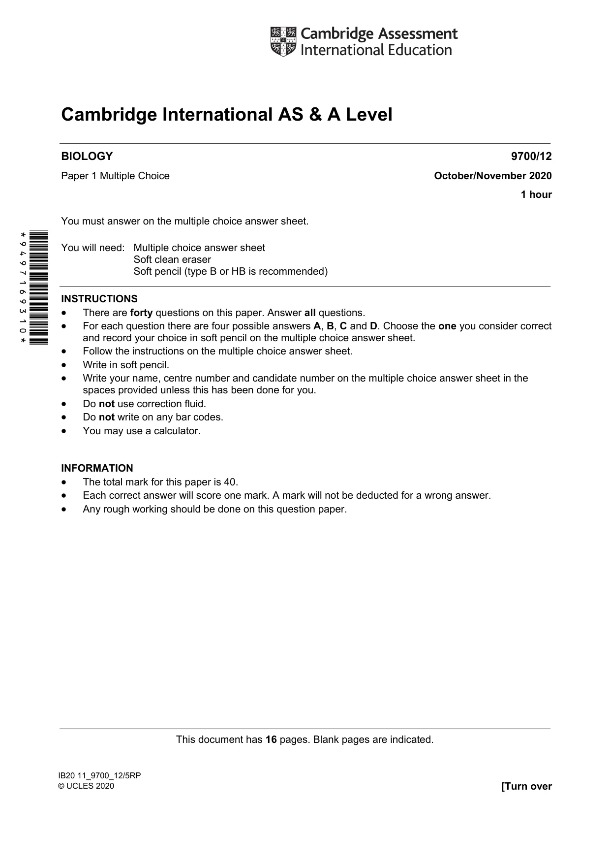 Cambridge A Level Biology 9700 2020 Oct/Nov Paper 1 · Variant 2 question paper, page 1 of 16