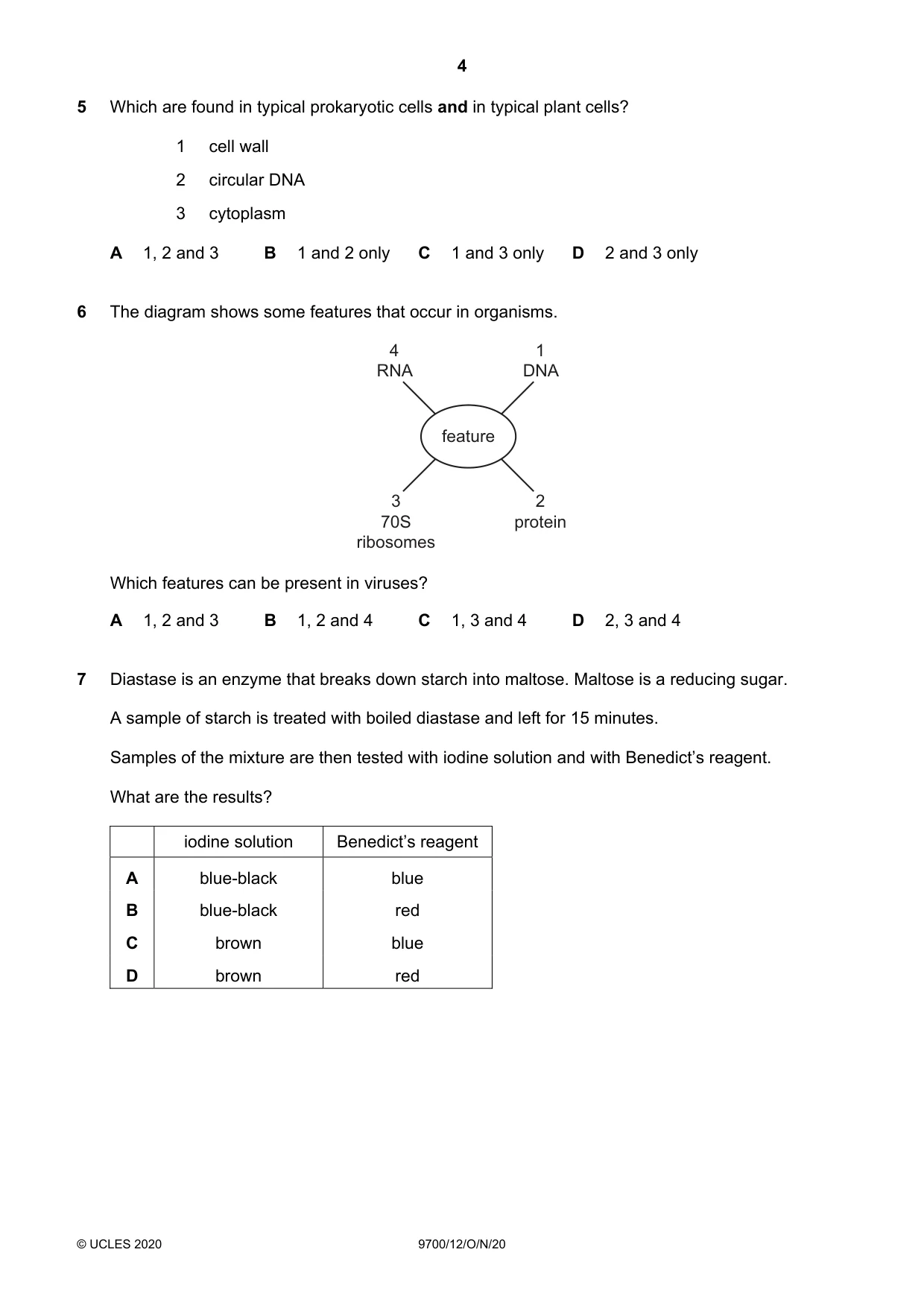 Cambridge A Level Biology 9700 2020 Oct/Nov Paper 1 · Variant 2 question paper, page 4 of 16